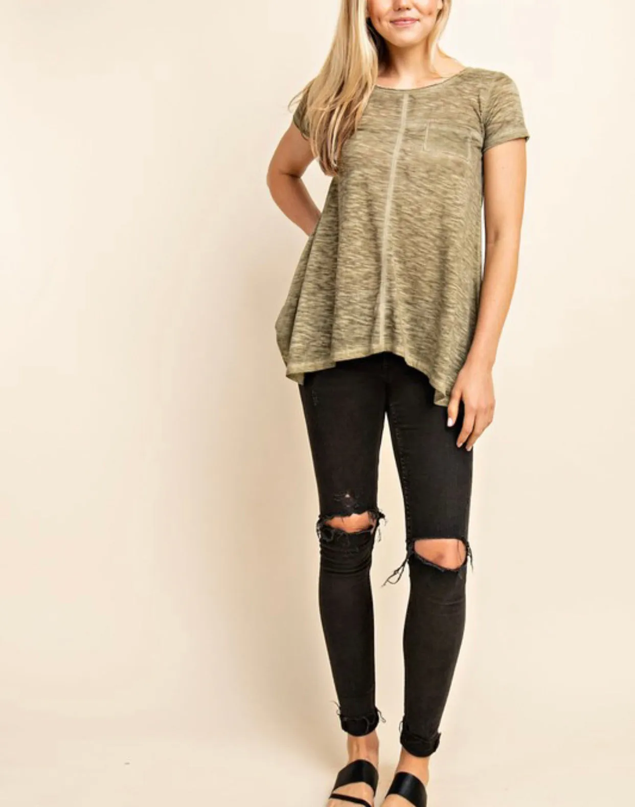 Olive Distressed Scoop Hem Knit Top