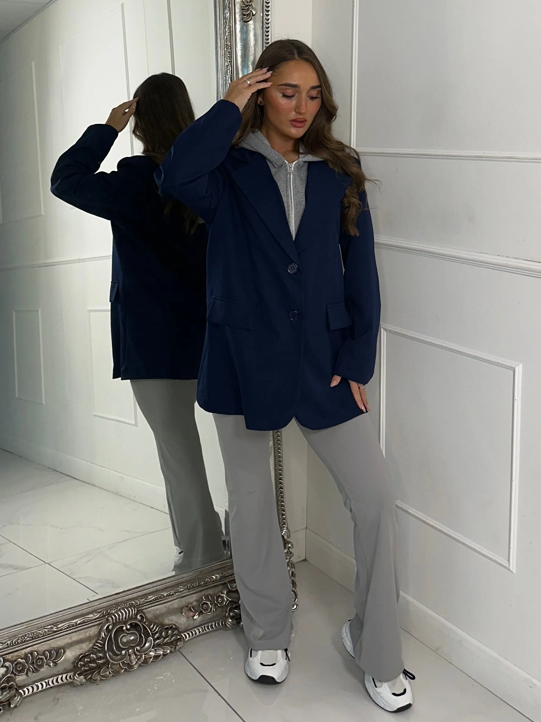 Oversized Blazer With Grey Attached Hood - Navy