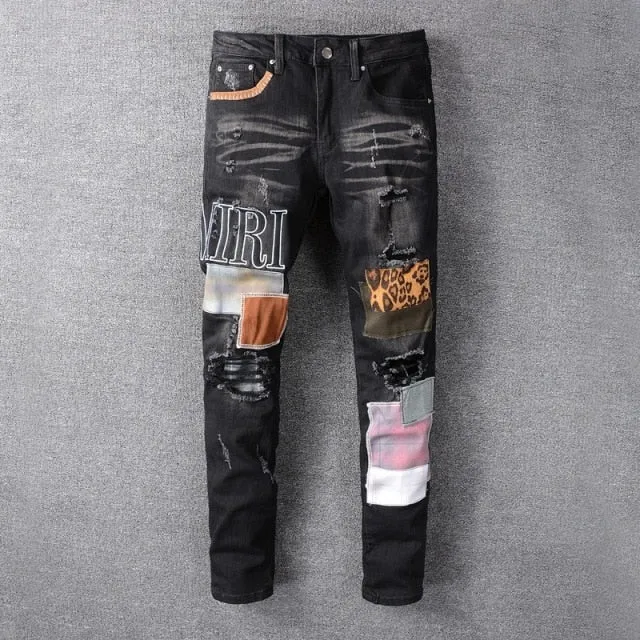 Patch Ripped Slim Fit Denim Jeans