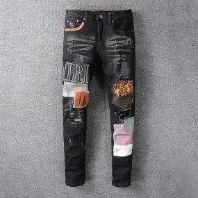 Patch Ripped Slim Fit Denim Jeans