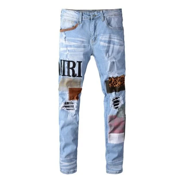 Patch Ripped Slim Fit Denim Jeans