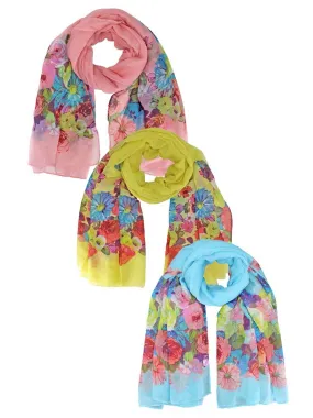 Pink Yellow Blue Lightweight Floral Print Scarf 3-Pack Set