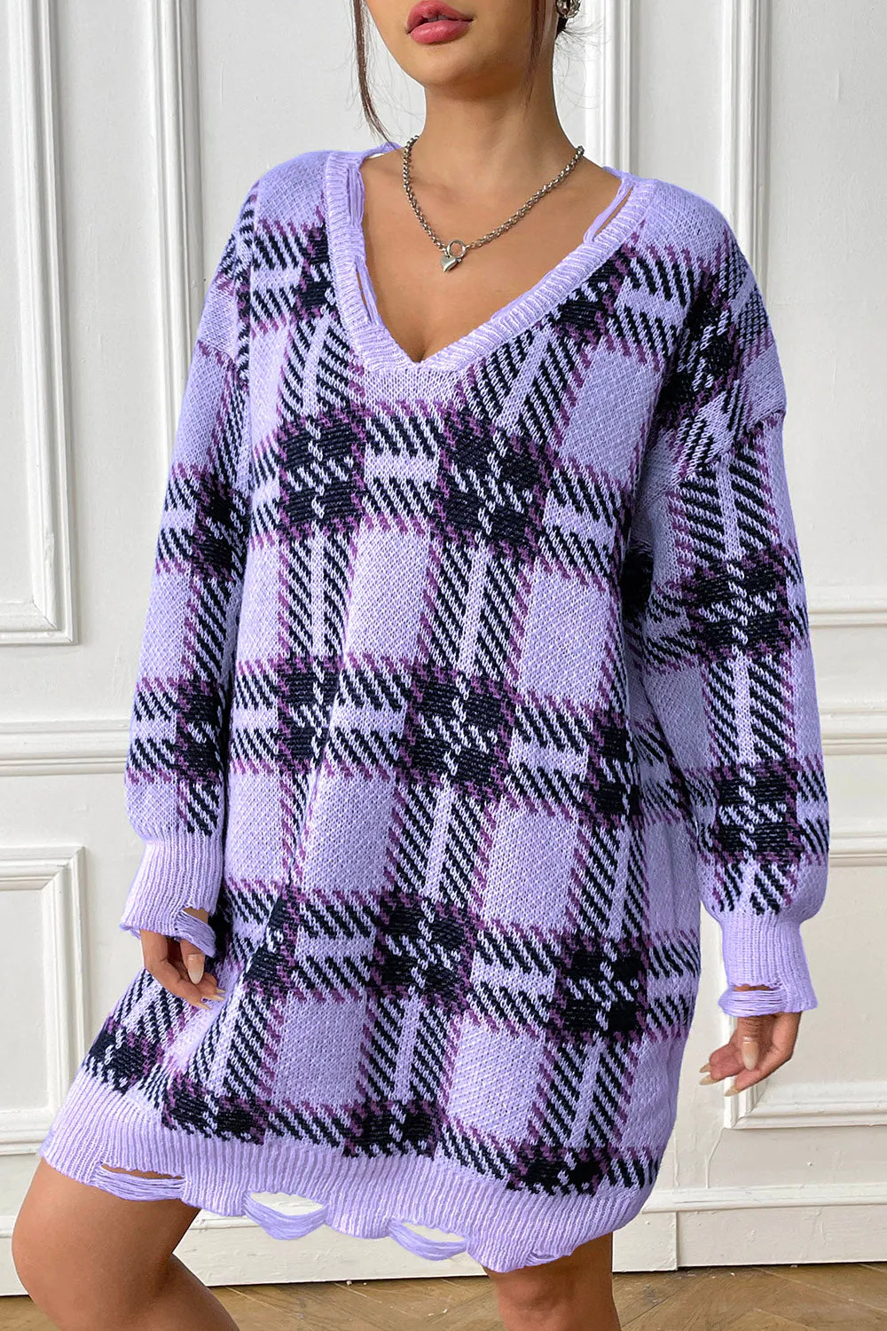 Plaid V-Neck Sweater Dress with  Long Sleeve