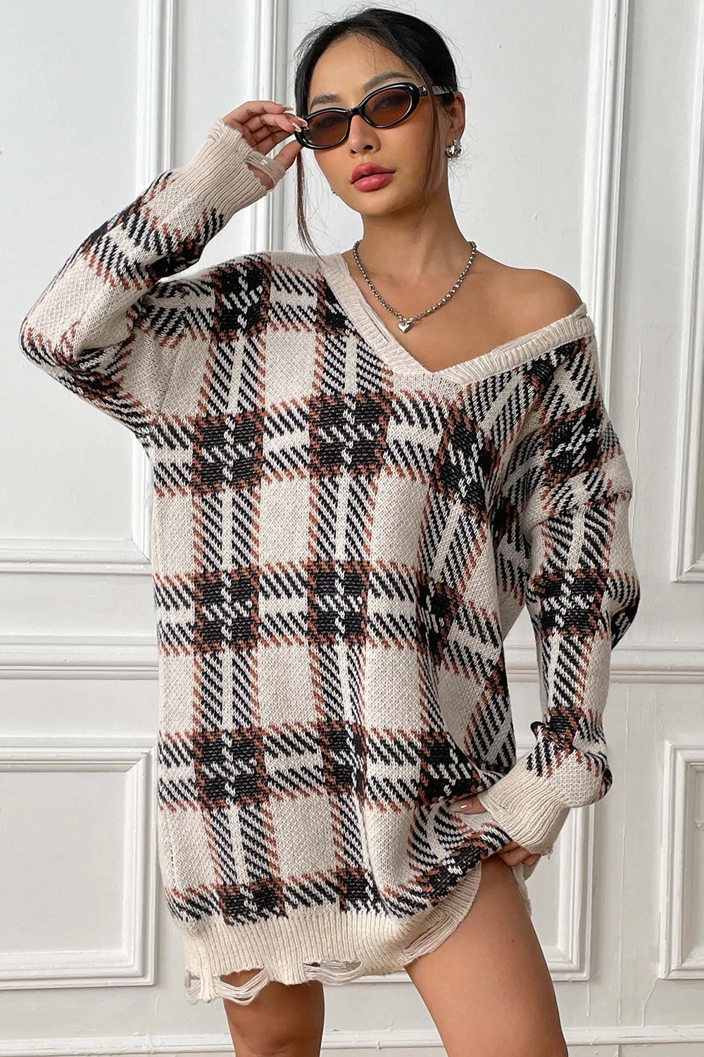 Plaid V-Neck Sweater Dress with  Long Sleeve