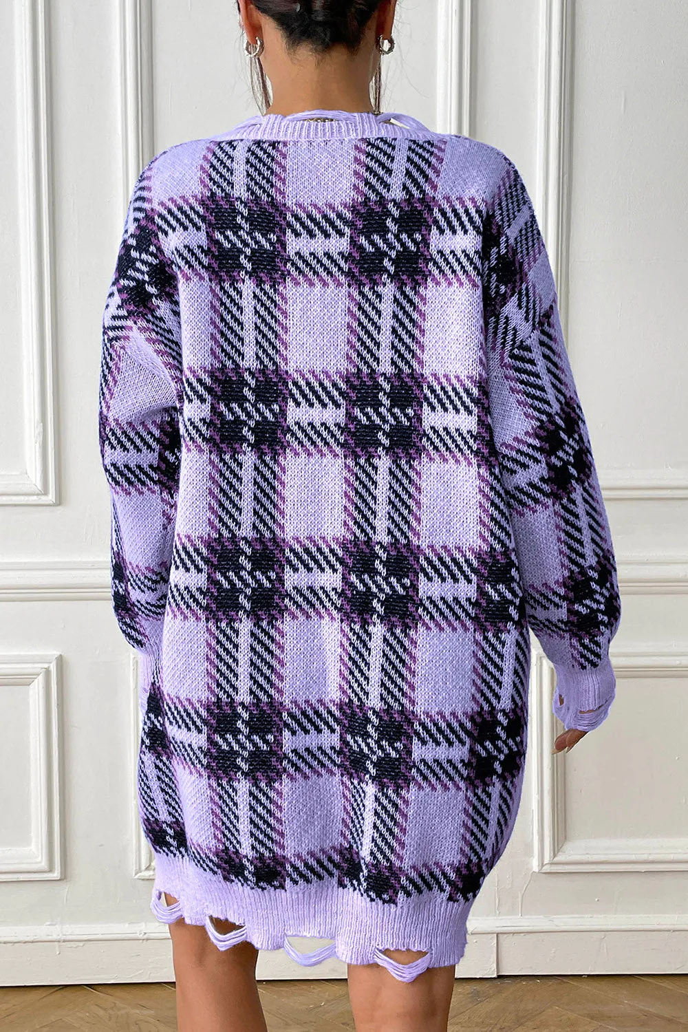 Plaid V-Neck Sweater Dress with  Long Sleeve