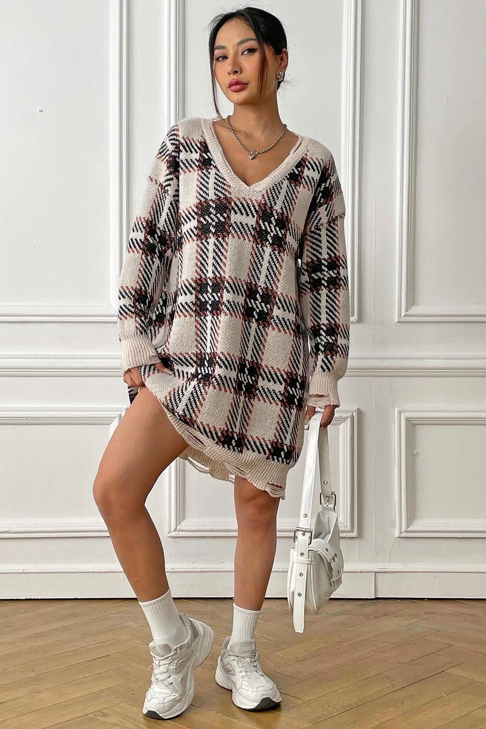 Plaid V-Neck Sweater Dress with  Long Sleeve