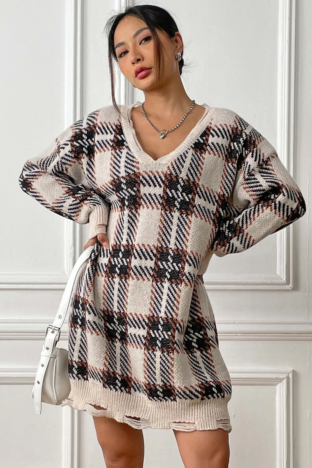 Plaid V-Neck Sweater Dress with  Long Sleeve