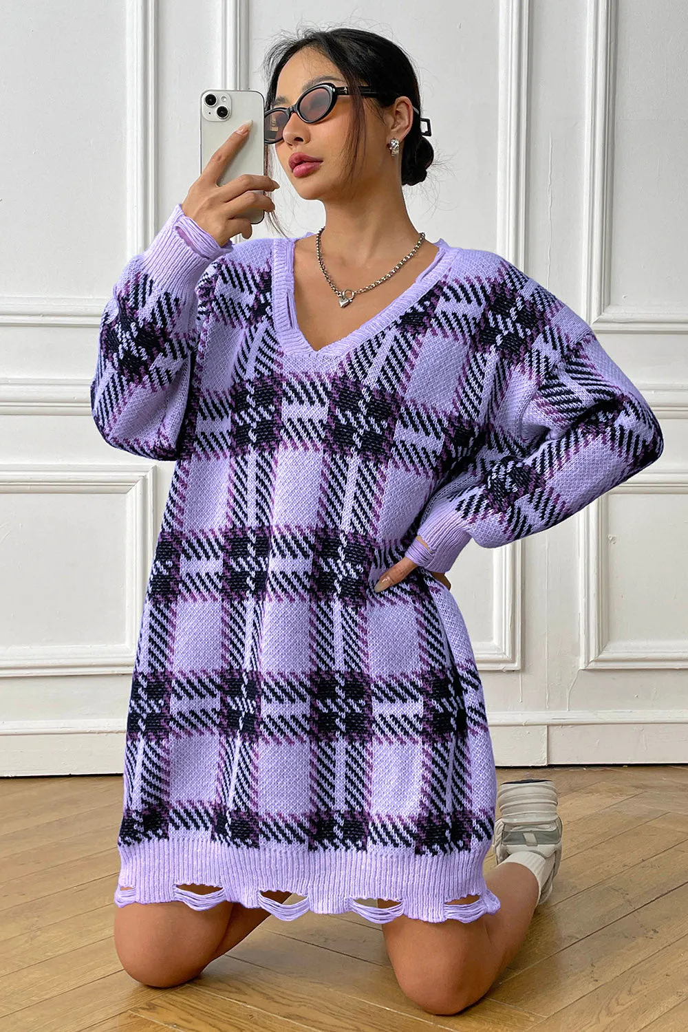 Plaid V-Neck Sweater Dress with  Long Sleeve