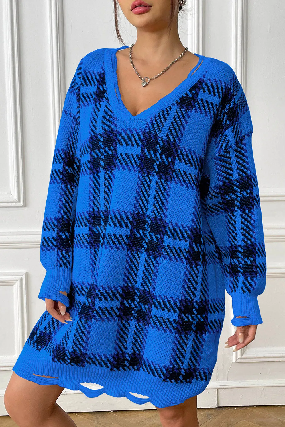 Plaid V-Neck Sweater Dress with  Long Sleeve