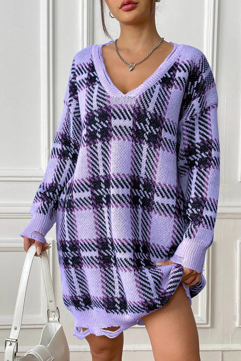 Plaid V-Neck Sweater Dress with  Long Sleeve