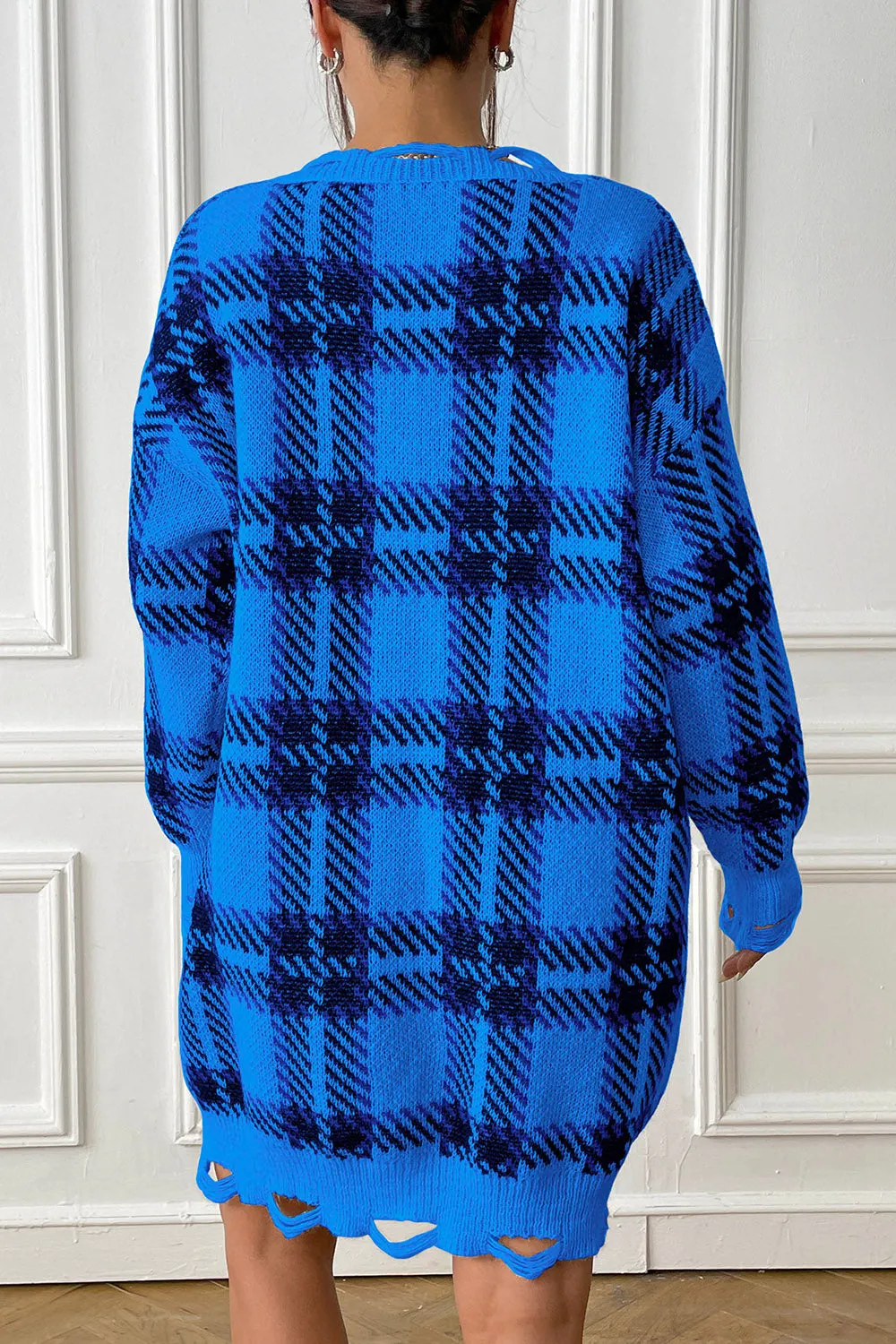 Plaid V-Neck Sweater Dress with  Long Sleeve