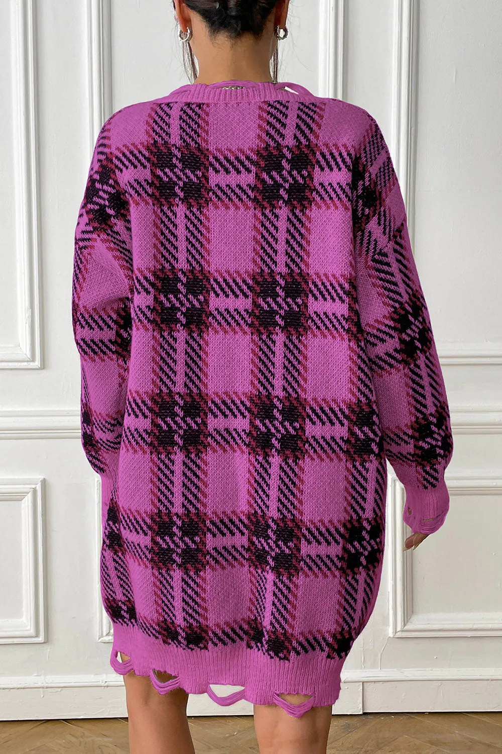 Plaid V-Neck Sweater Dress with  Long Sleeve