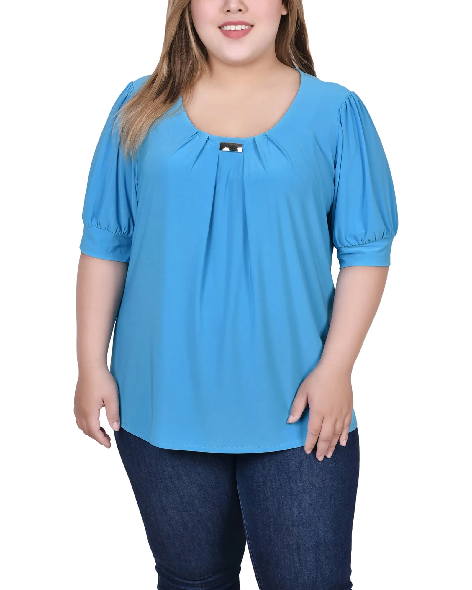 Plus Size Short Sleeve Balloon Sleeve Top With Hardware