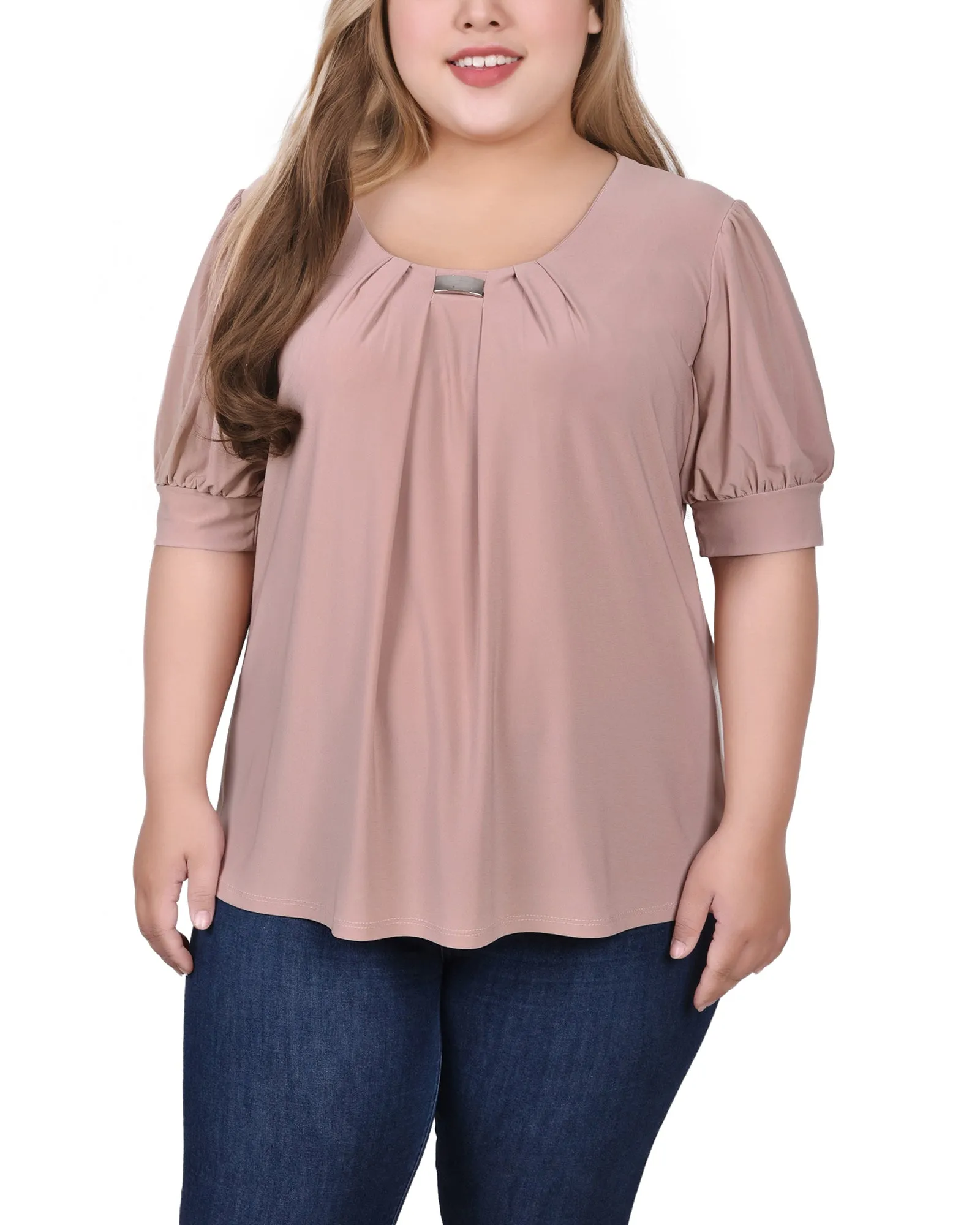 Plus Size Short Sleeve Balloon Sleeve Top With Hardware