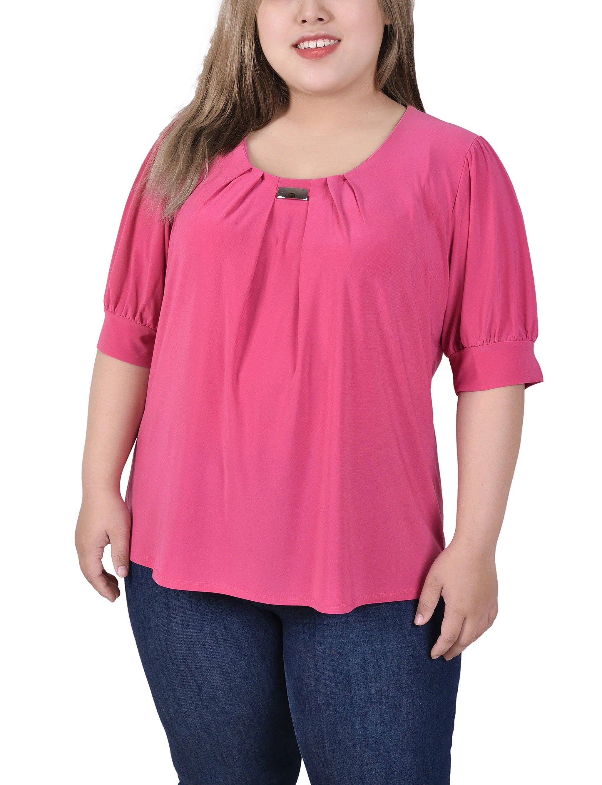 Plus Size Short Sleeve Balloon Sleeve Top With Hardware