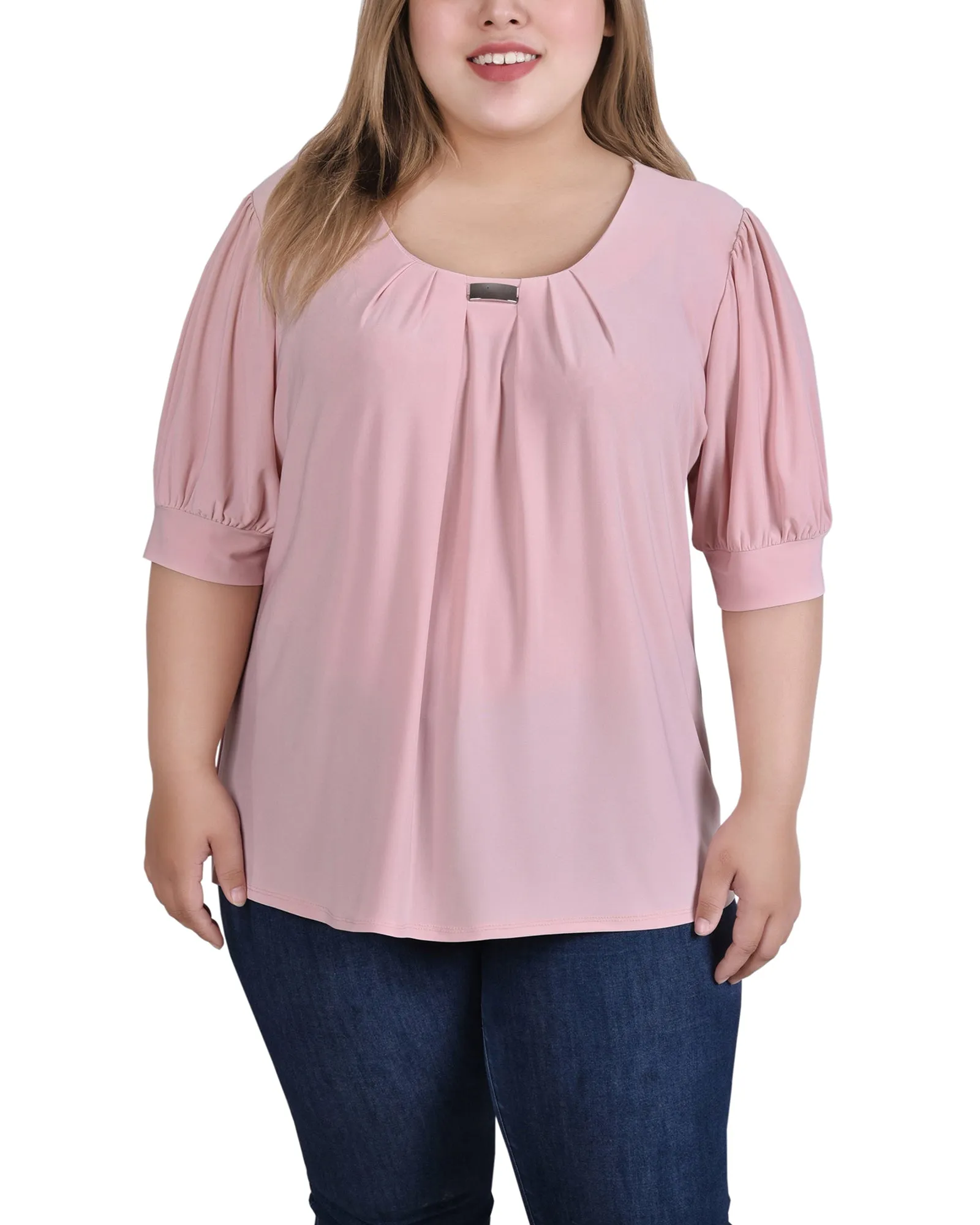 Plus Size Short Sleeve Balloon Sleeve Top With Hardware