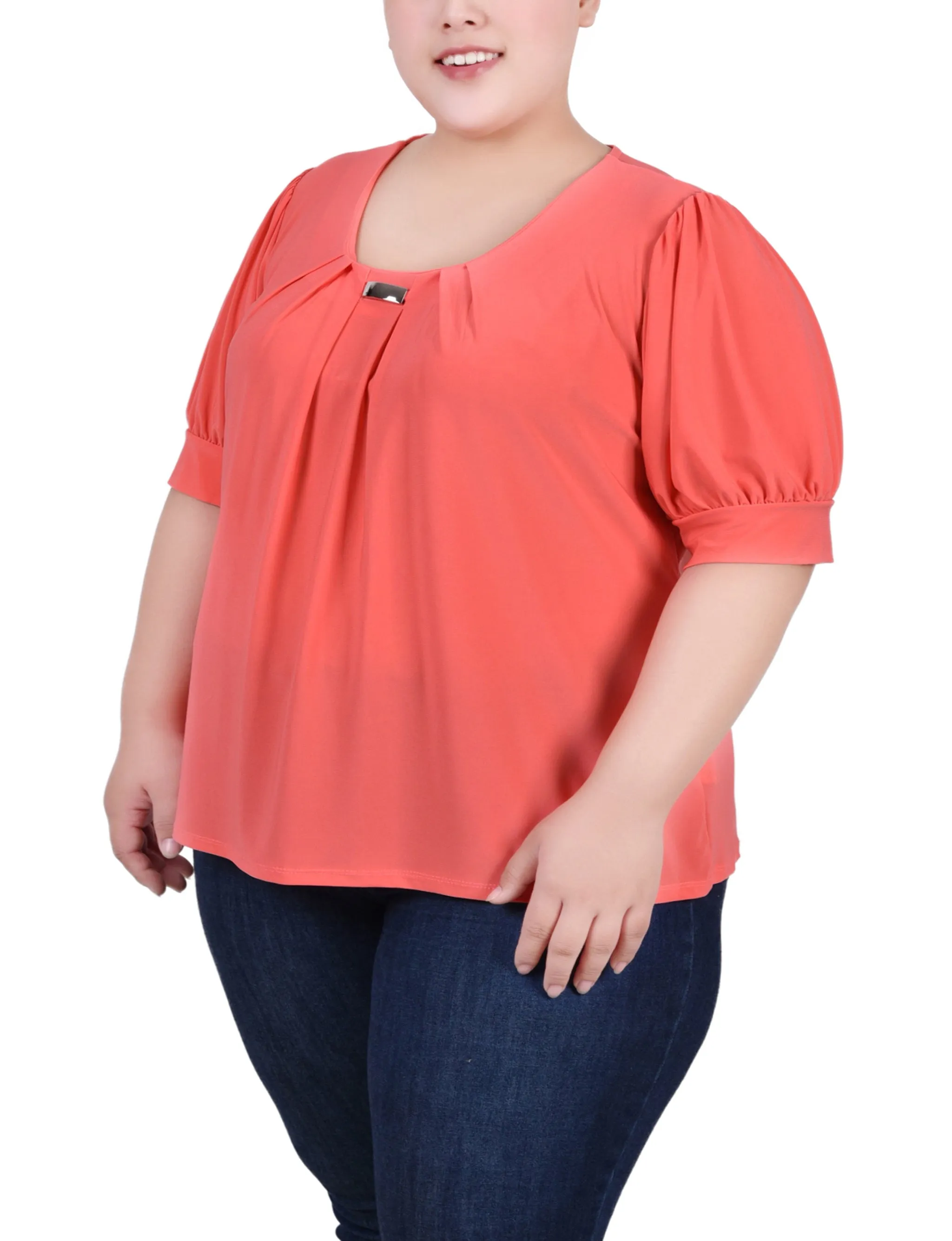 Plus Size Short Sleeve Balloon Sleeve Top With Hardware