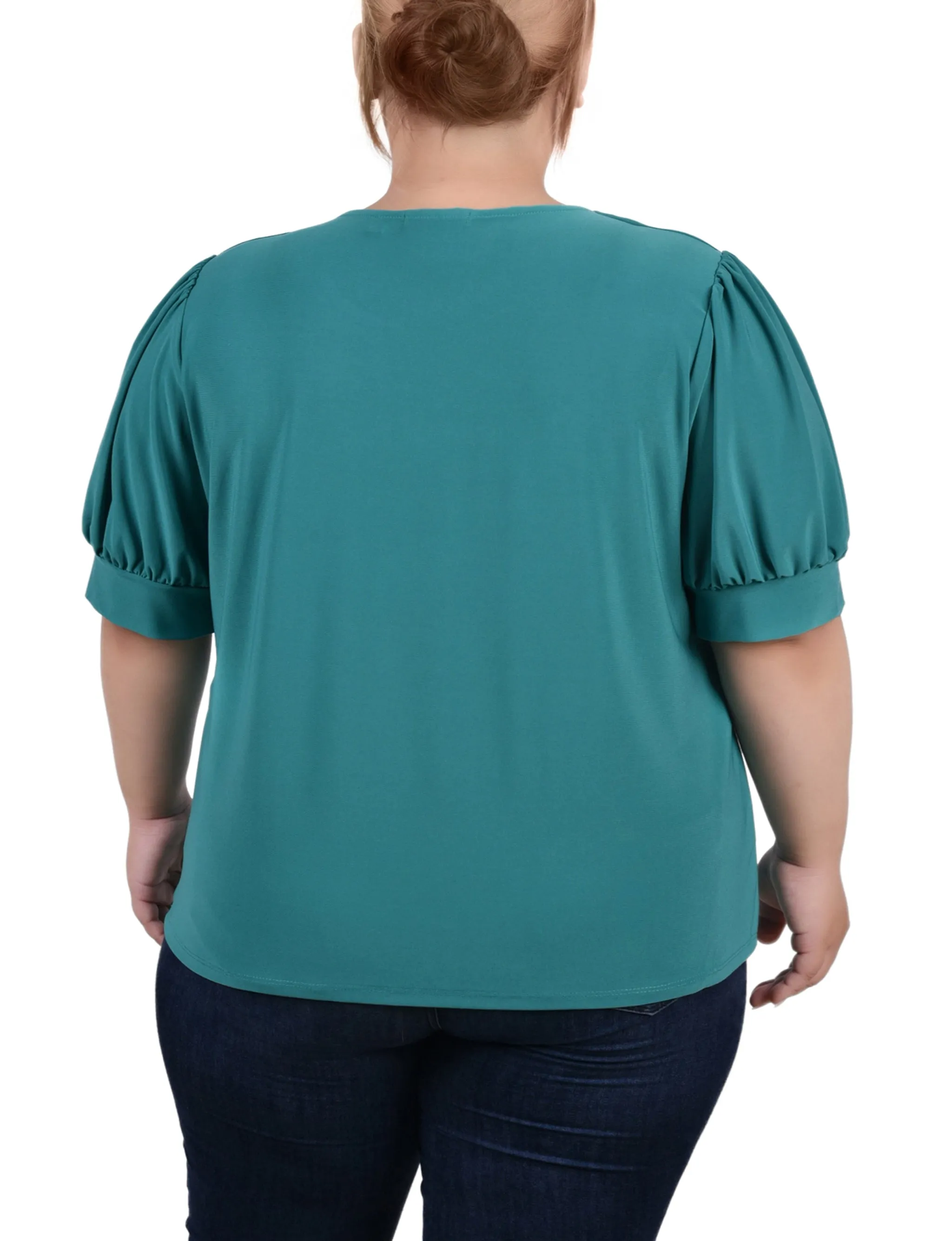 Plus Size Short Sleeve Balloon Sleeve Top With Hardware