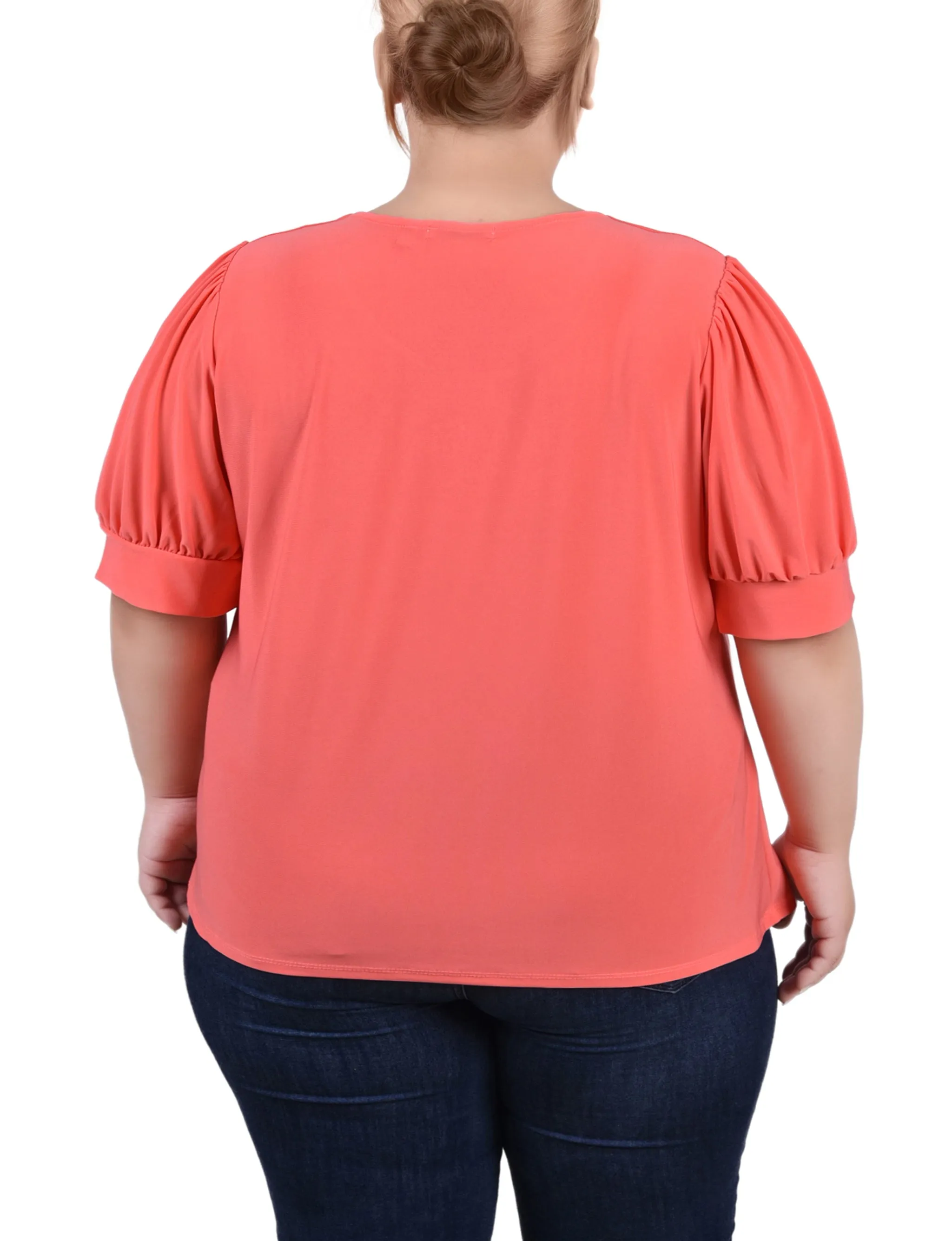 Plus Size Short Sleeve Balloon Sleeve Top With Hardware