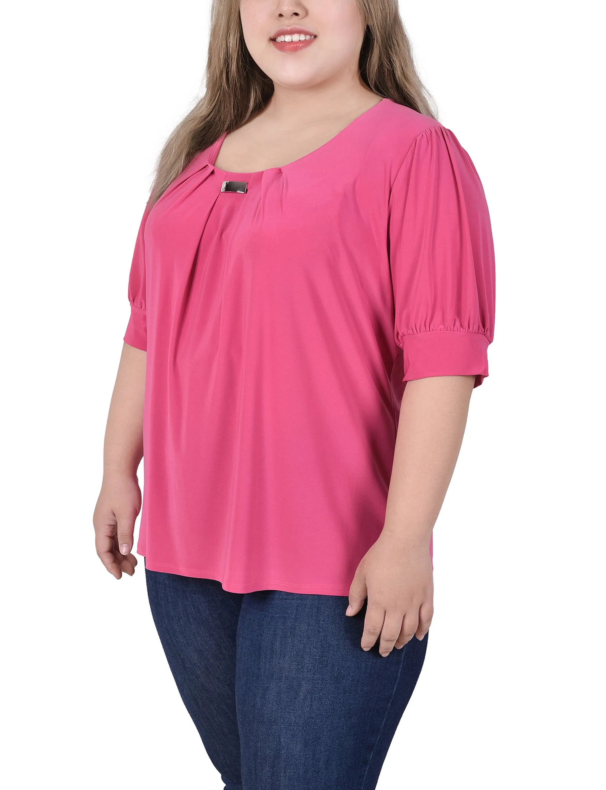 Plus Size Short Sleeve Balloon Sleeve Top With Hardware