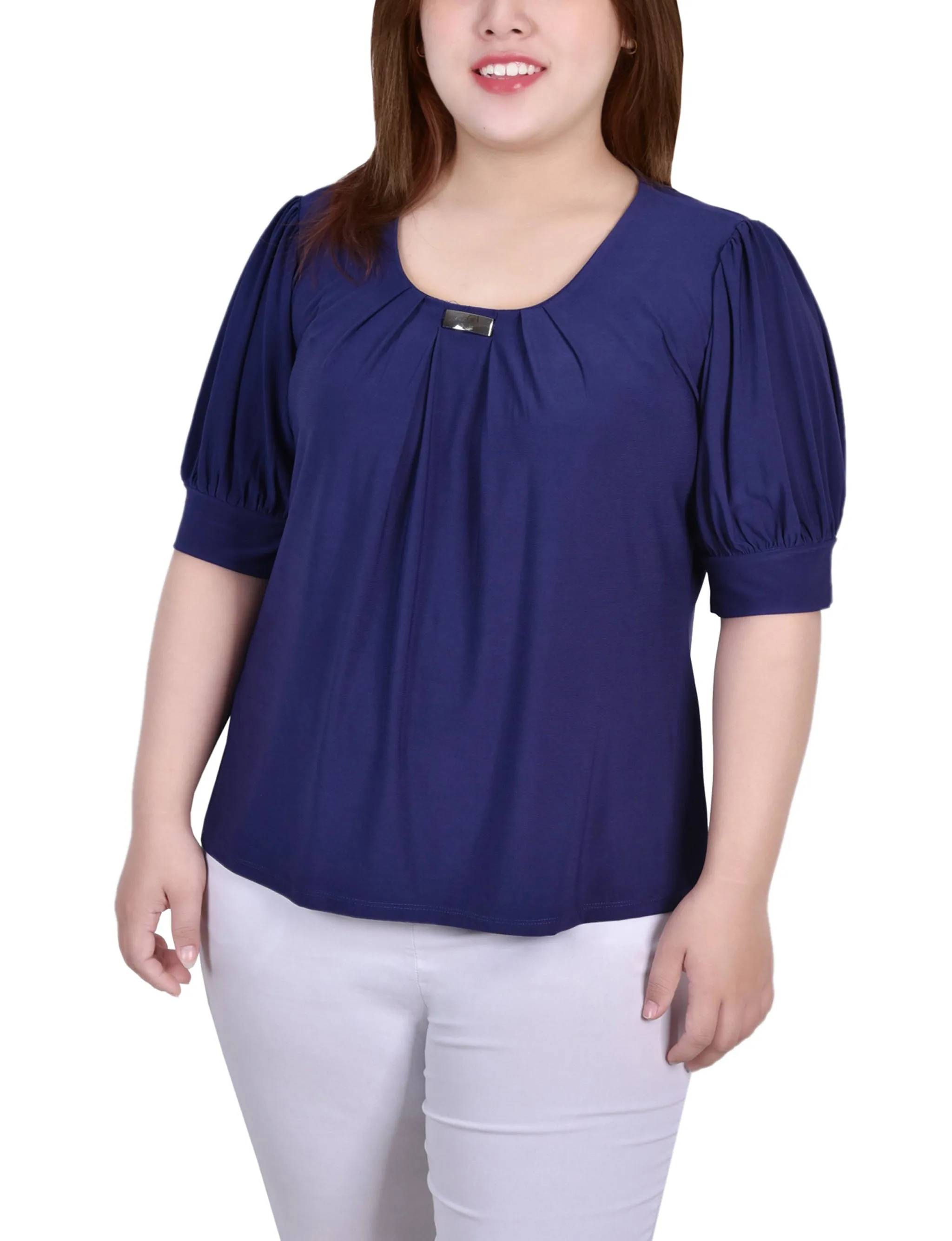 Plus Size Short Sleeve Balloon Sleeve Top With Hardware