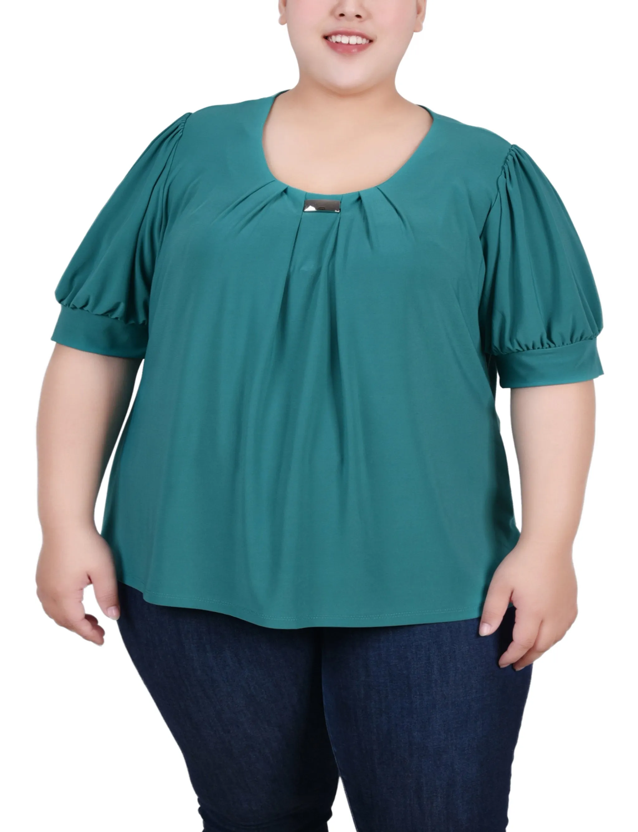 Plus Size Short Sleeve Balloon Sleeve Top With Hardware