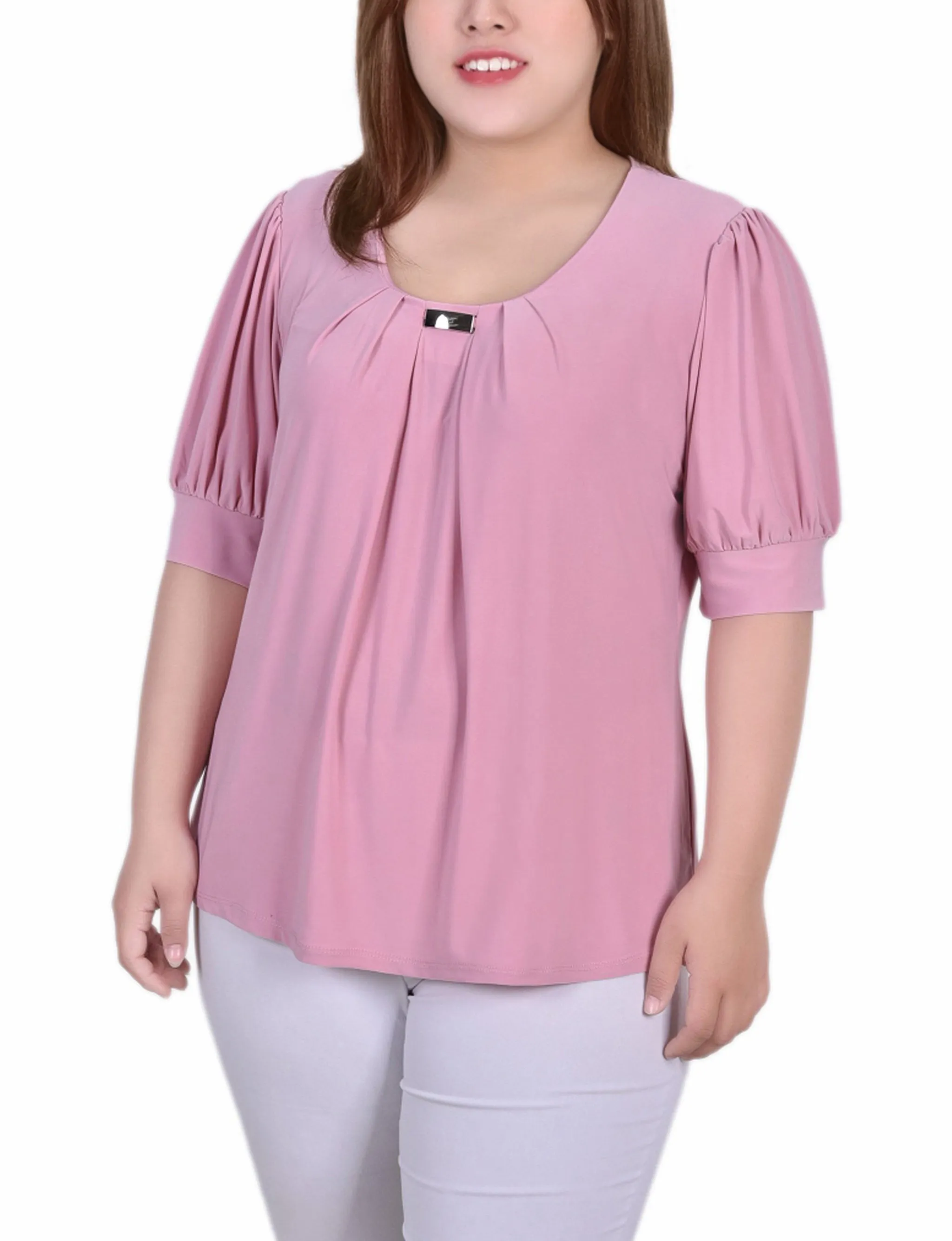 Plus Size Short Sleeve Balloon Sleeve Top With Hardware