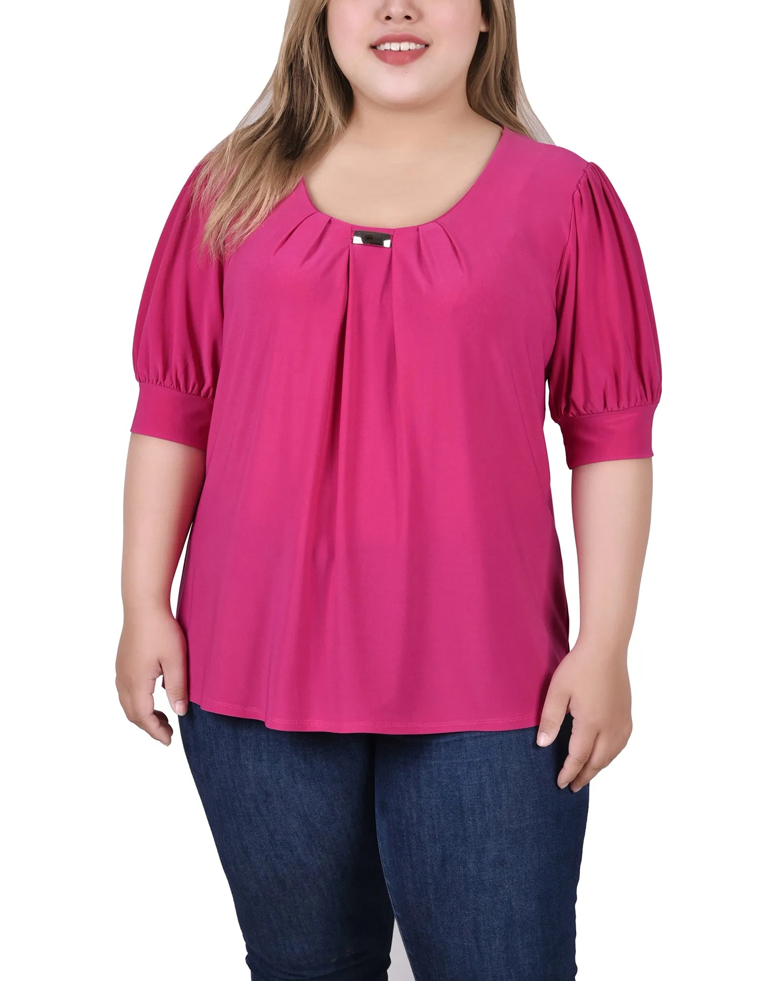 Plus Size Short Sleeve Balloon Sleeve Top With Hardware