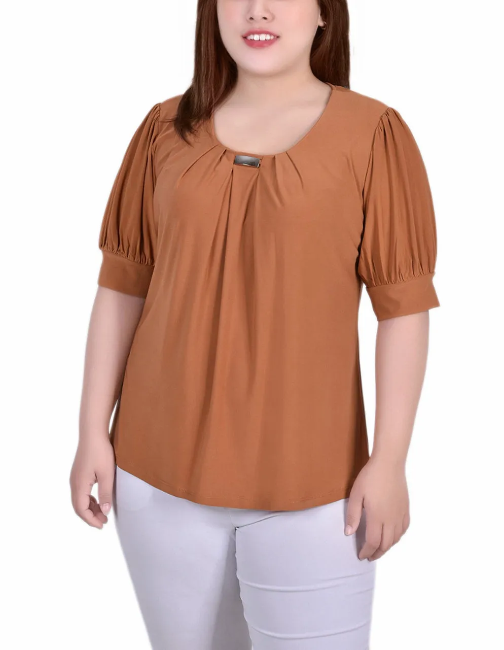 Plus Size Short Sleeve Balloon Sleeve Top With Hardware