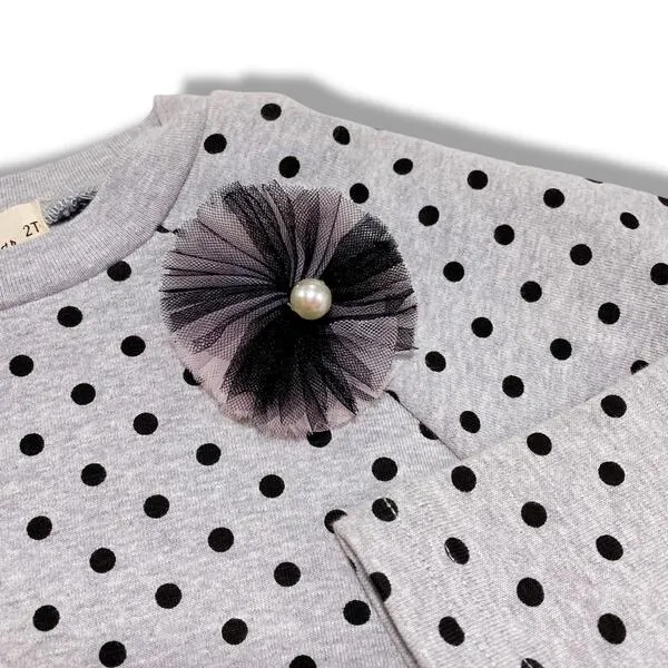 Polka Dots Jersey Top w/ Pinwheel Applique - Grey