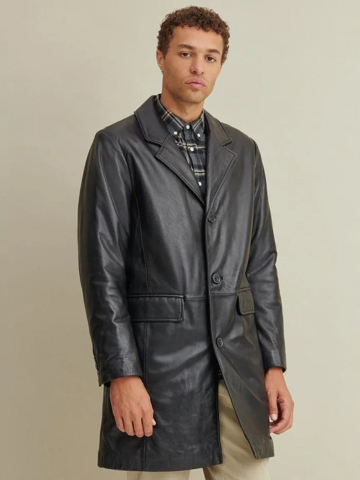 QAWACH Black Leather Men's Trench Coat