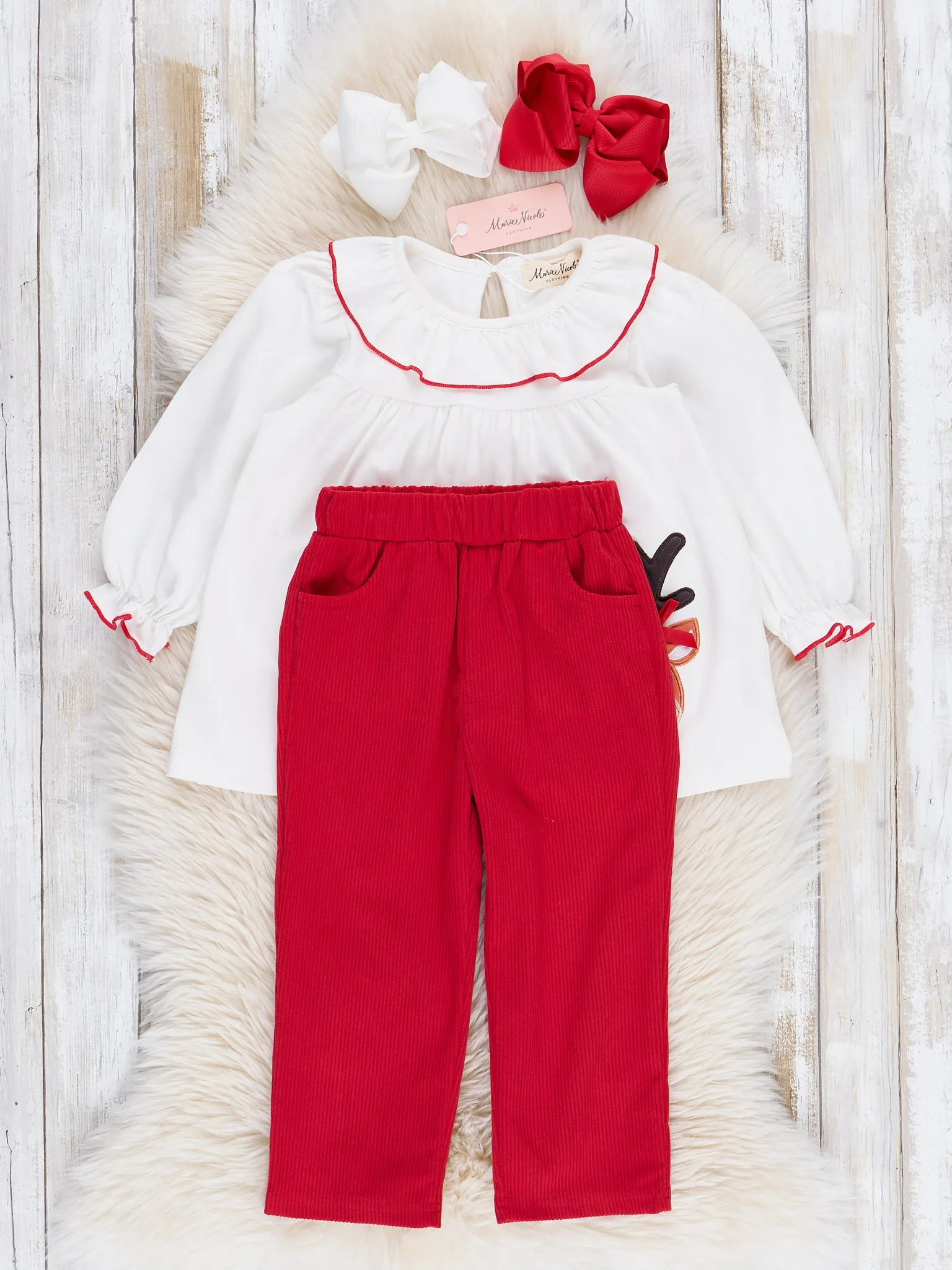 Red Embroidered Reindeer Corduroy Outfit