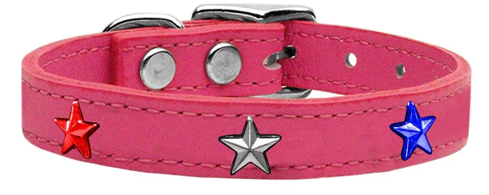 Red, White And Blue Star Widget Genuine Leather Dog Collar Pink 10