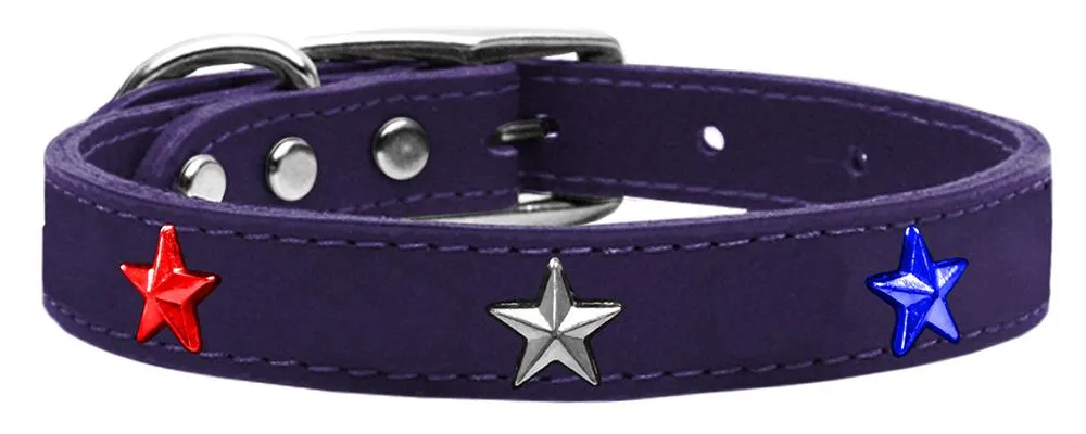 Red, White And Blue Star Widget Genuine Leather Dog Collar Purple 18