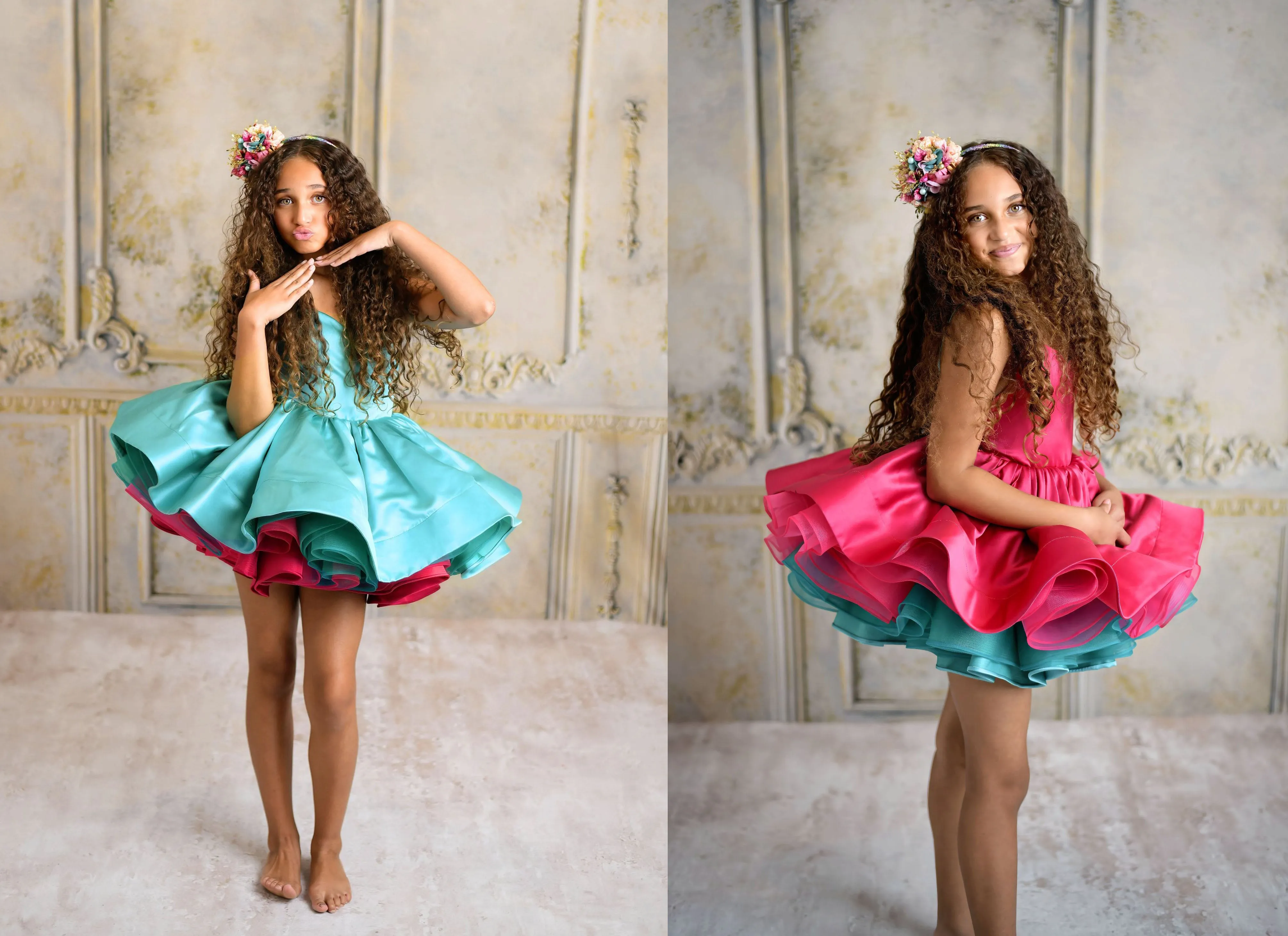 Reversible "Spunky" Pink/Turquoise  Petal  Length Dress ( 5 year- 8 year)