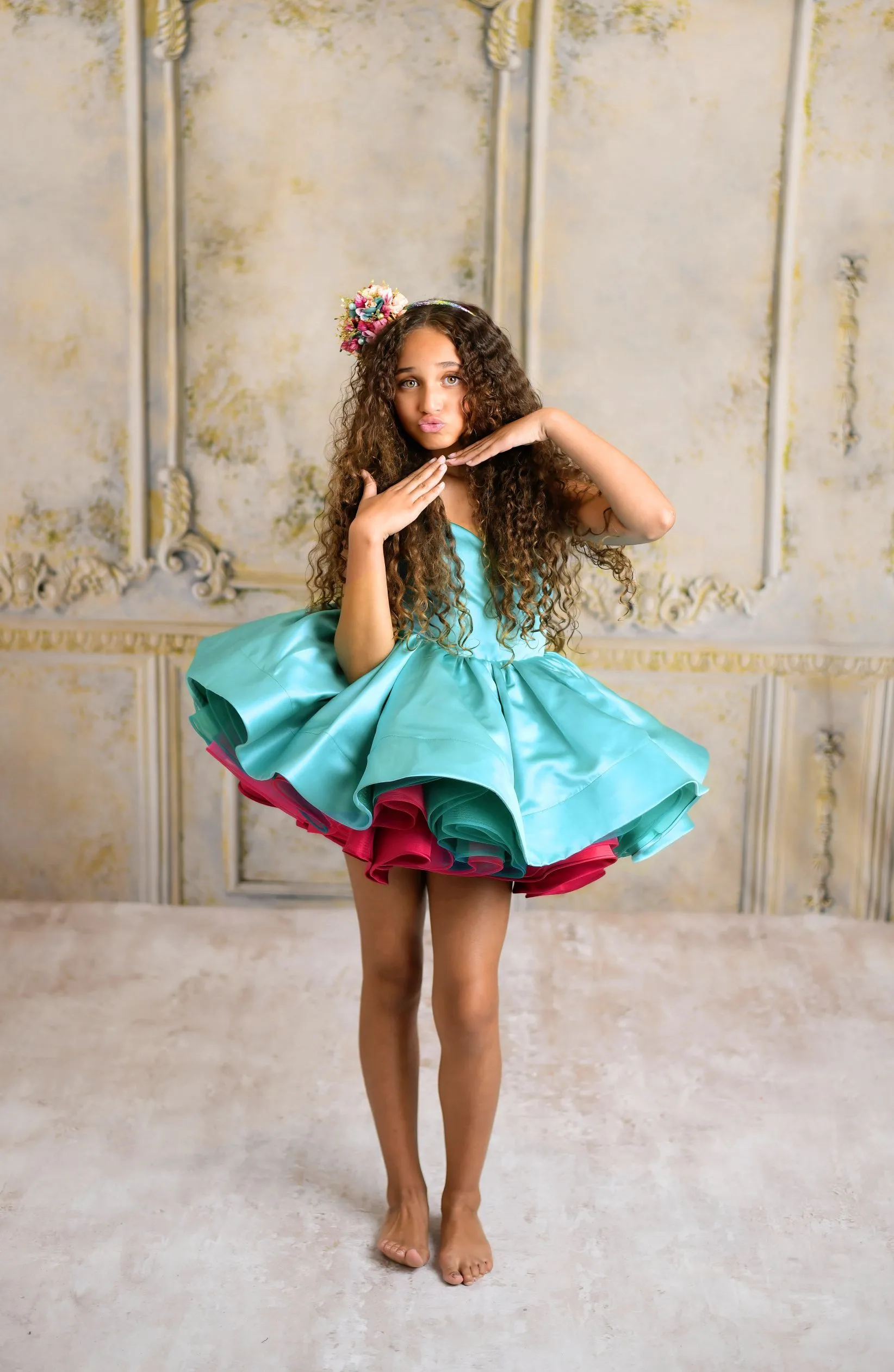 Reversible "Spunky" Pink/Turquoise  Petal  Length Dress ( 5 year- 8 year)