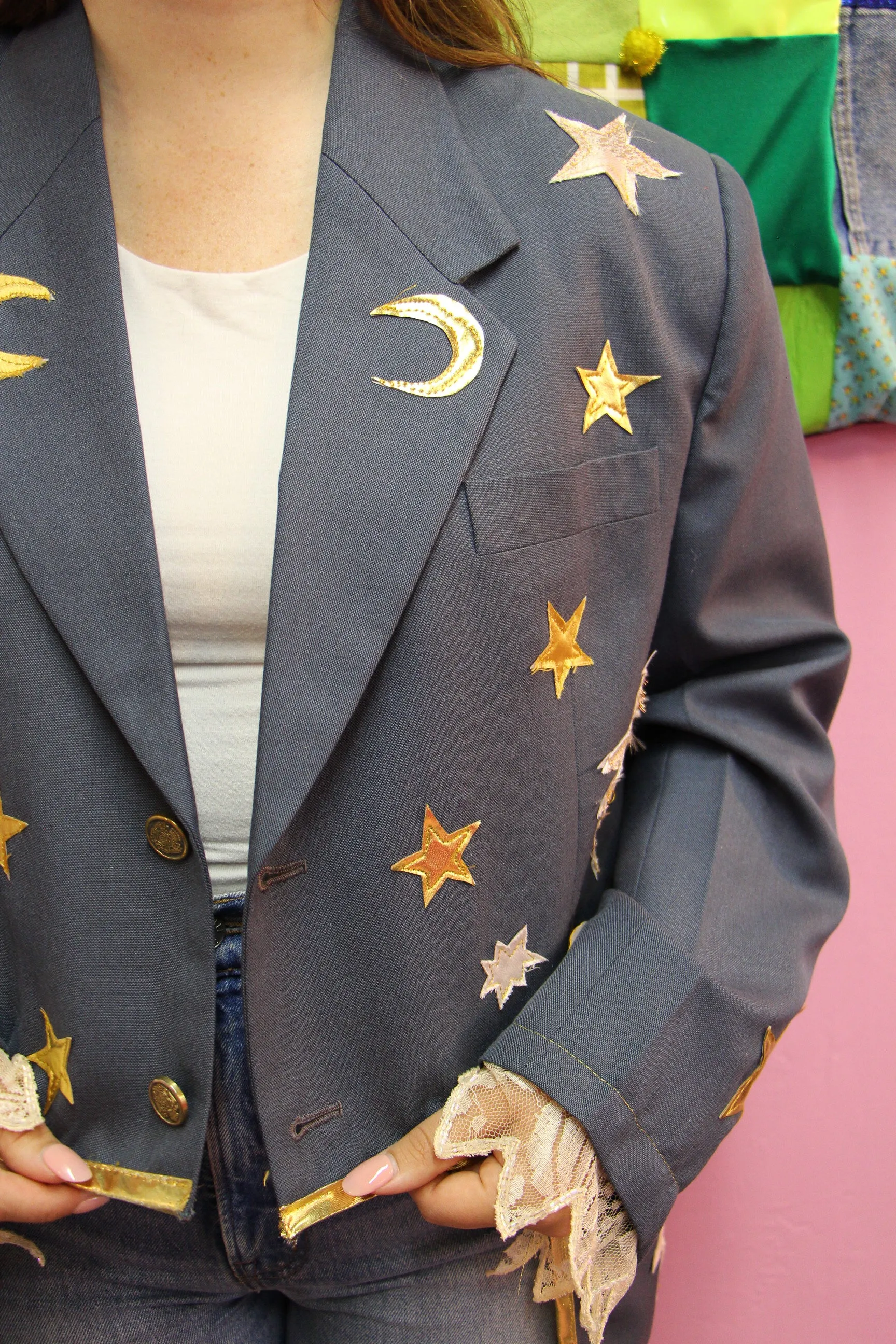 Reworked Vintage Dusty Blue Blazer with Moons and Stars - L/XL or 36R-42R