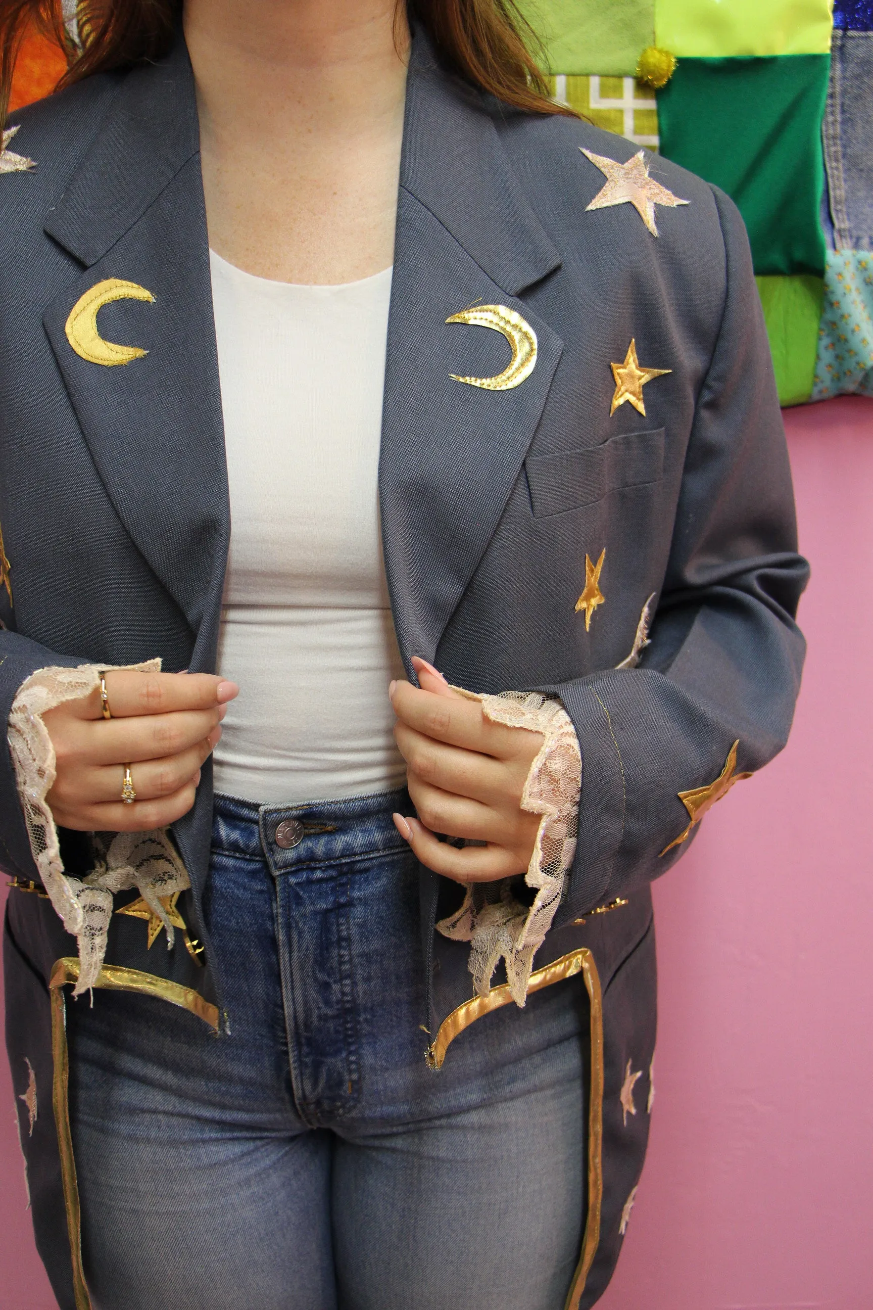 Reworked Vintage Dusty Blue Blazer with Moons and Stars - L/XL or 36R-42R