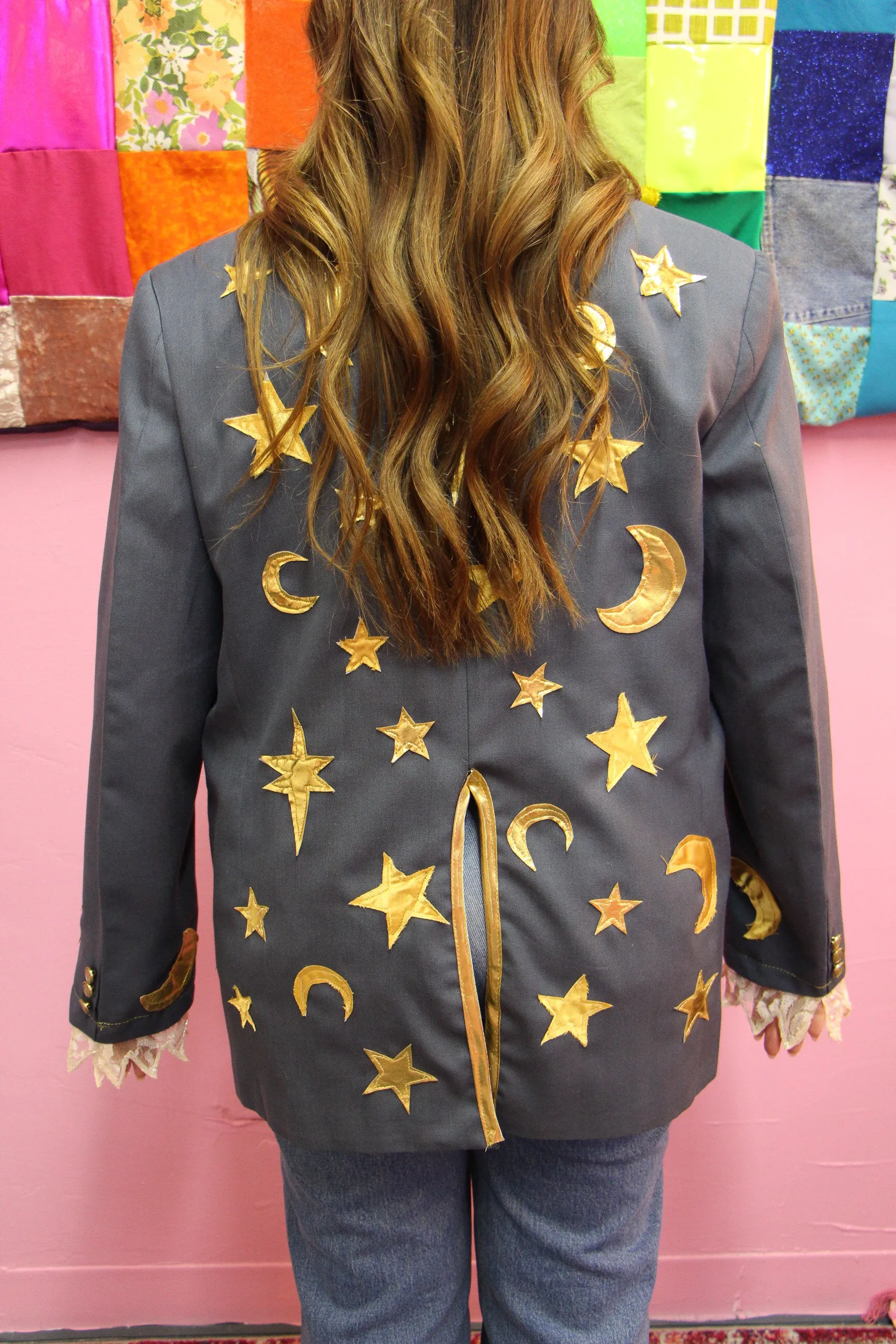 Reworked Vintage Dusty Blue Blazer with Moons and Stars - L/XL or 36R-42R