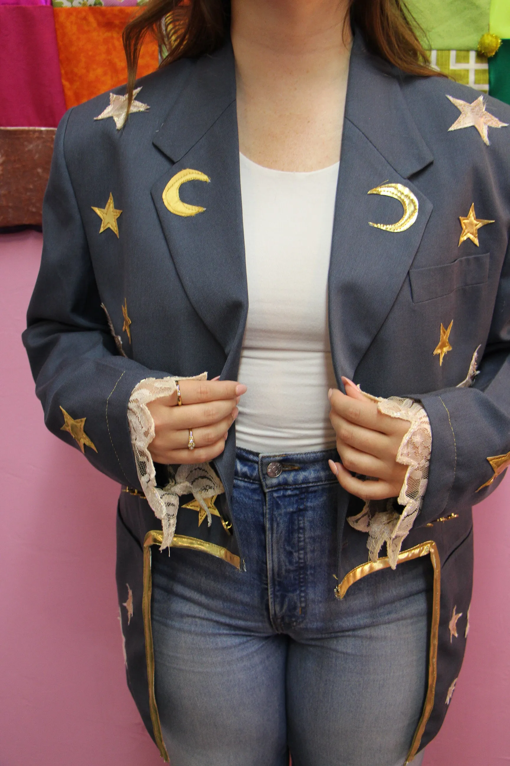 Reworked Vintage Dusty Blue Blazer with Moons and Stars - L/XL or 36R-42R