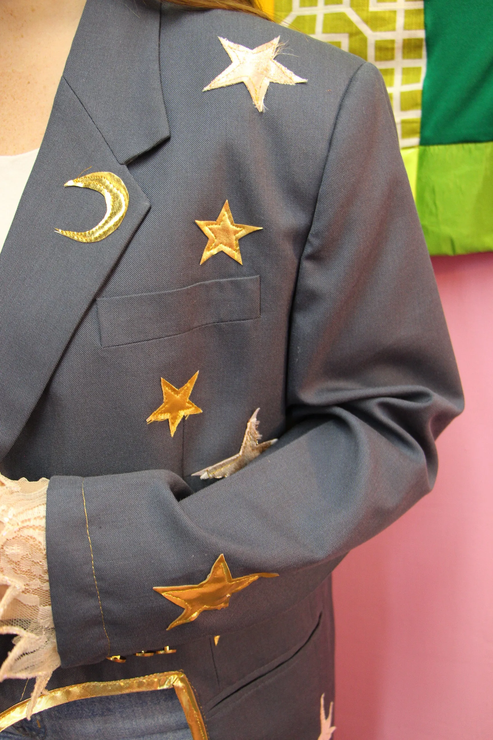 Reworked Vintage Dusty Blue Blazer with Moons and Stars - L/XL or 36R-42R