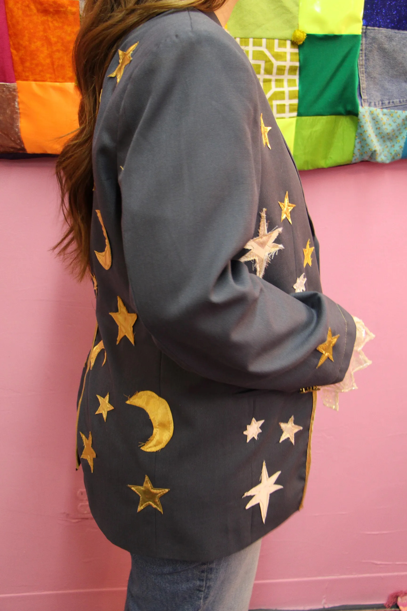 Reworked Vintage Dusty Blue Blazer with Moons and Stars - L/XL or 36R-42R