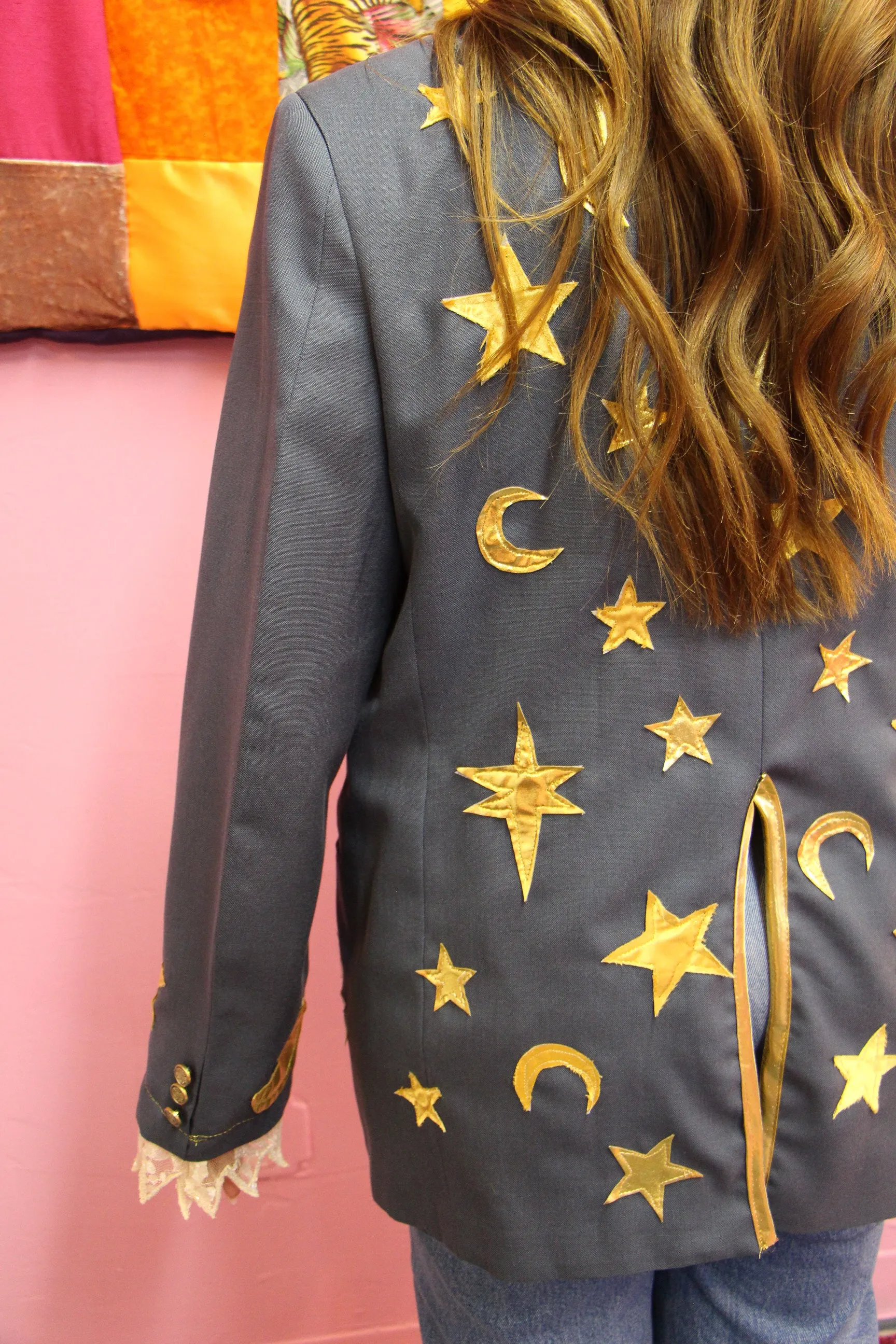 Reworked Vintage Dusty Blue Blazer with Moons and Stars - L/XL or 36R-42R