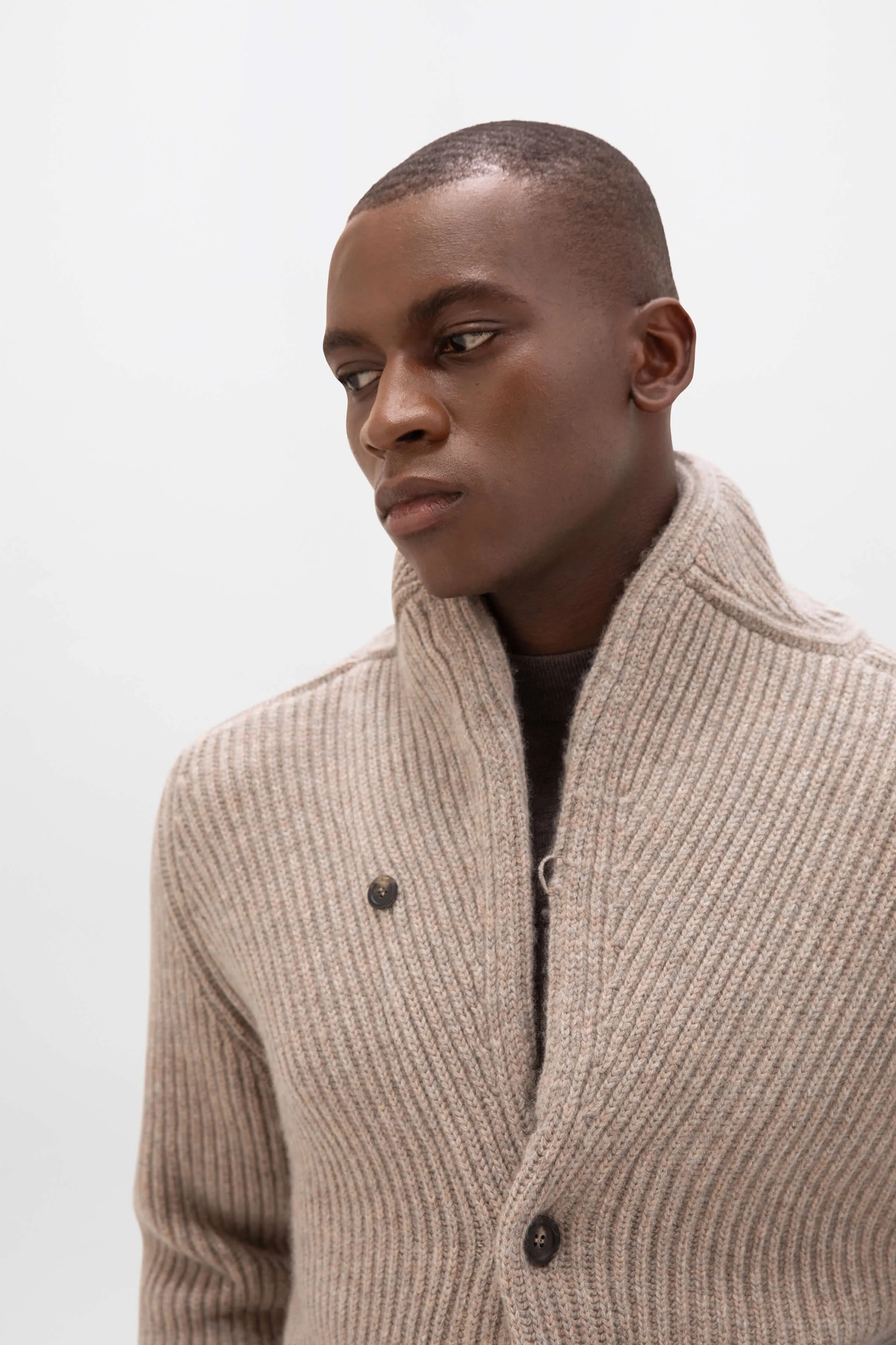 Ribbed Shawl Collar Cashmere Cardigan