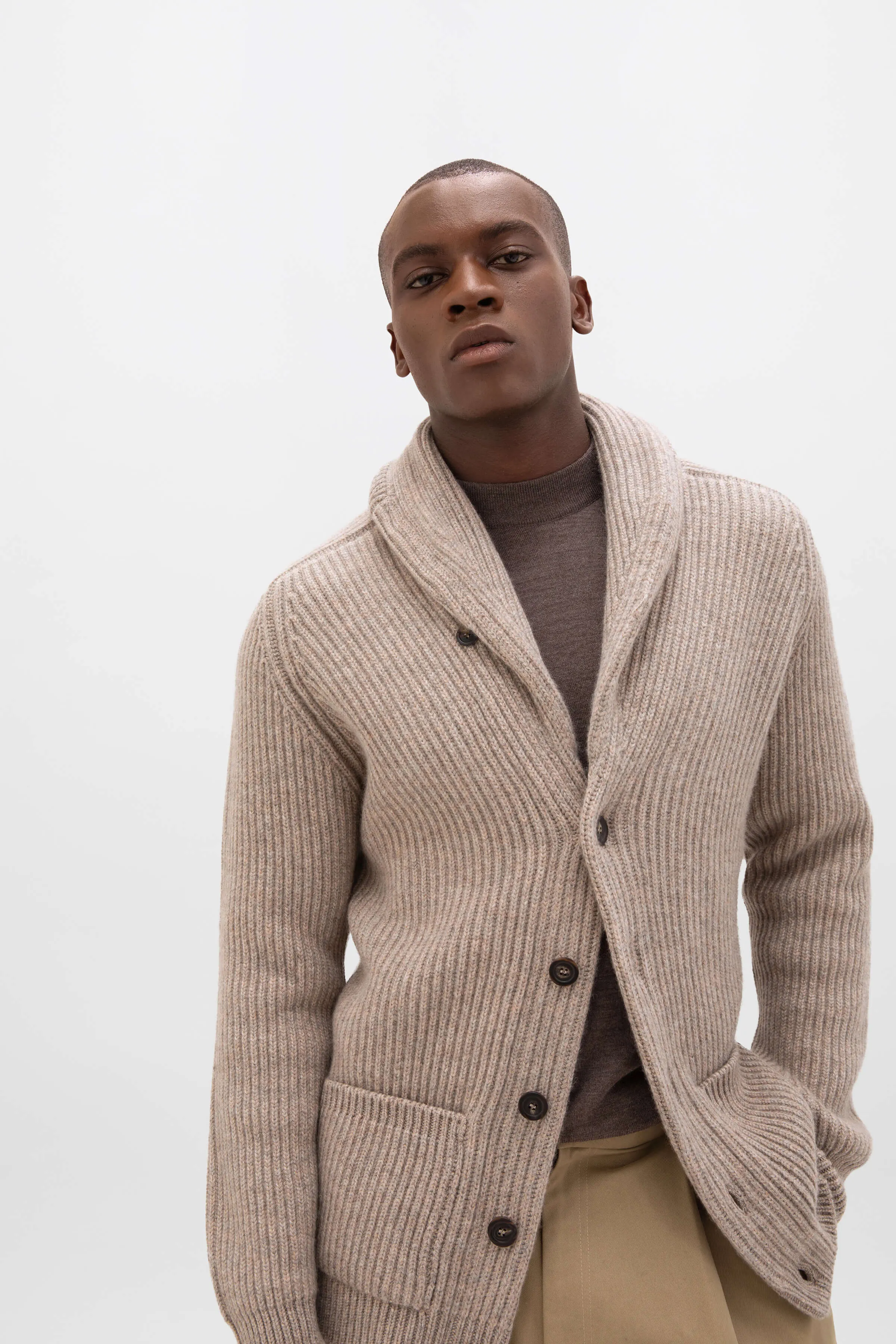 Ribbed Shawl Collar Cashmere Cardigan