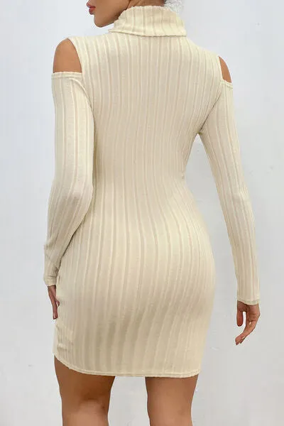 Ribbed Turtleneck Cold Shoulder Long Sleeve Mini Dress