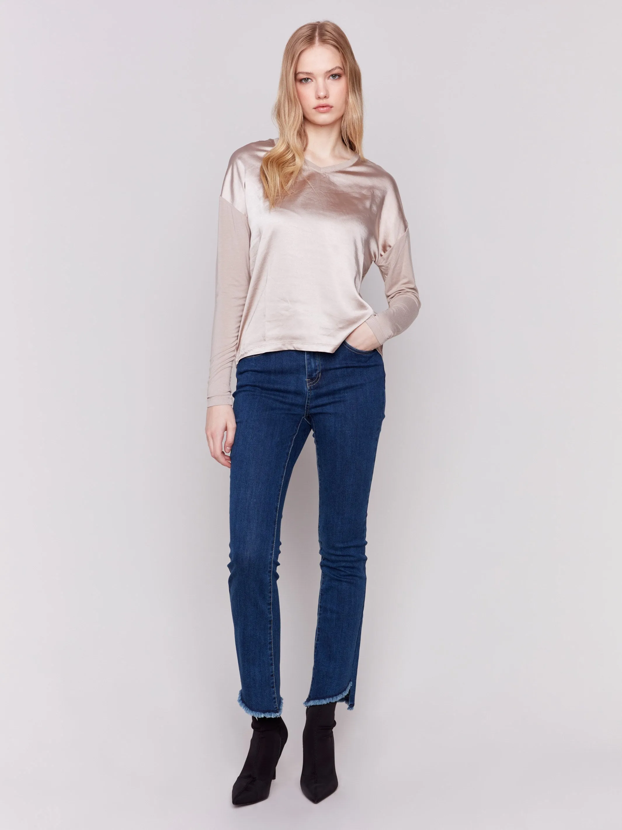 Satin and Jersey V-Neck Knit Top - Almond