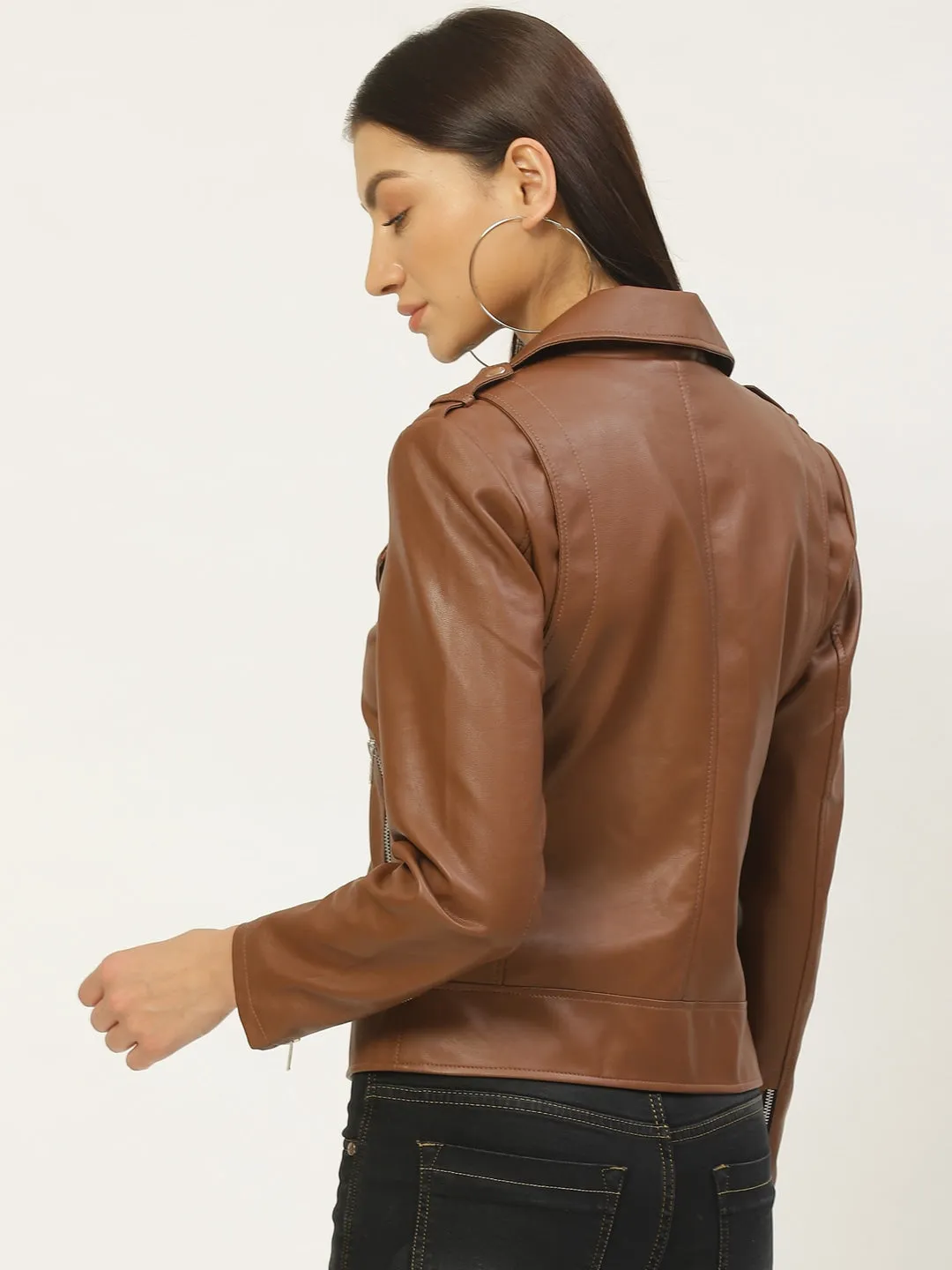 Shop Women Brown Solid Lightweight Biker Jacket | QAWACH