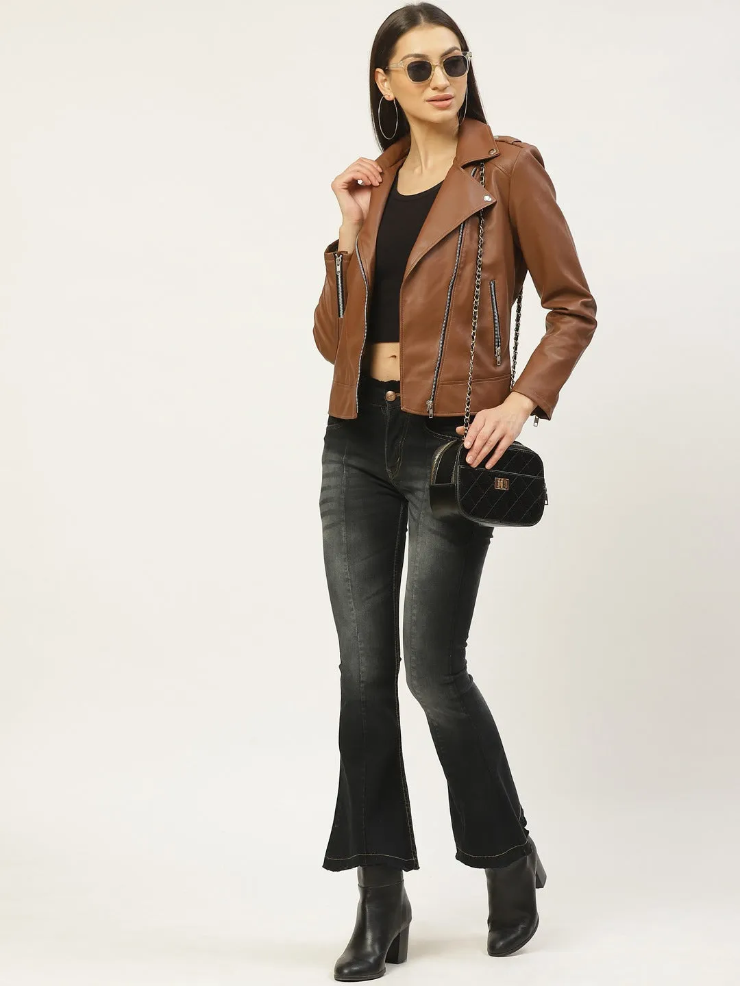 Shop Women Brown Solid Lightweight Biker Jacket | QAWACH