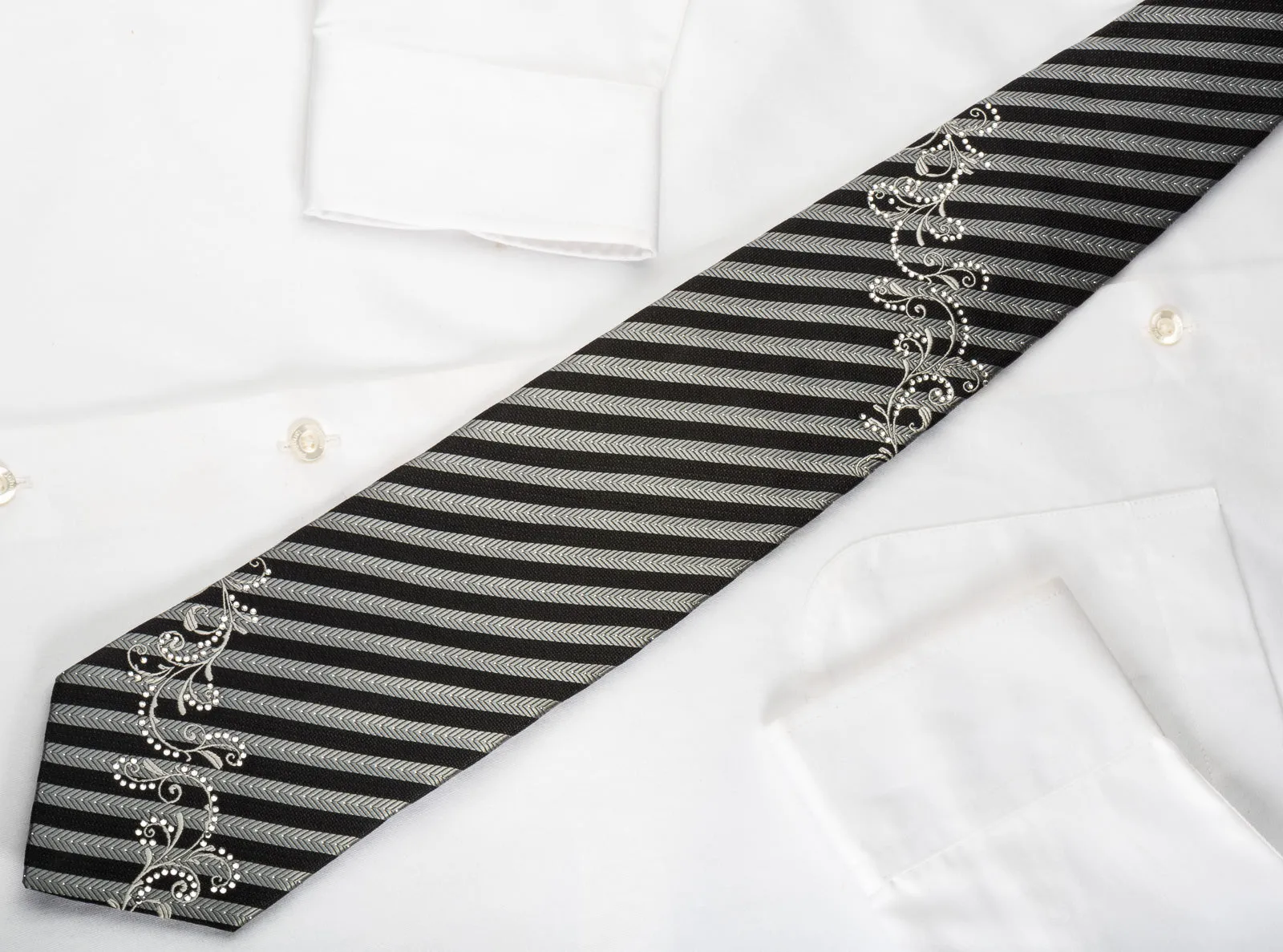 Silver Black Striped Rhinestone Silk Necktie With Silver Sparkles